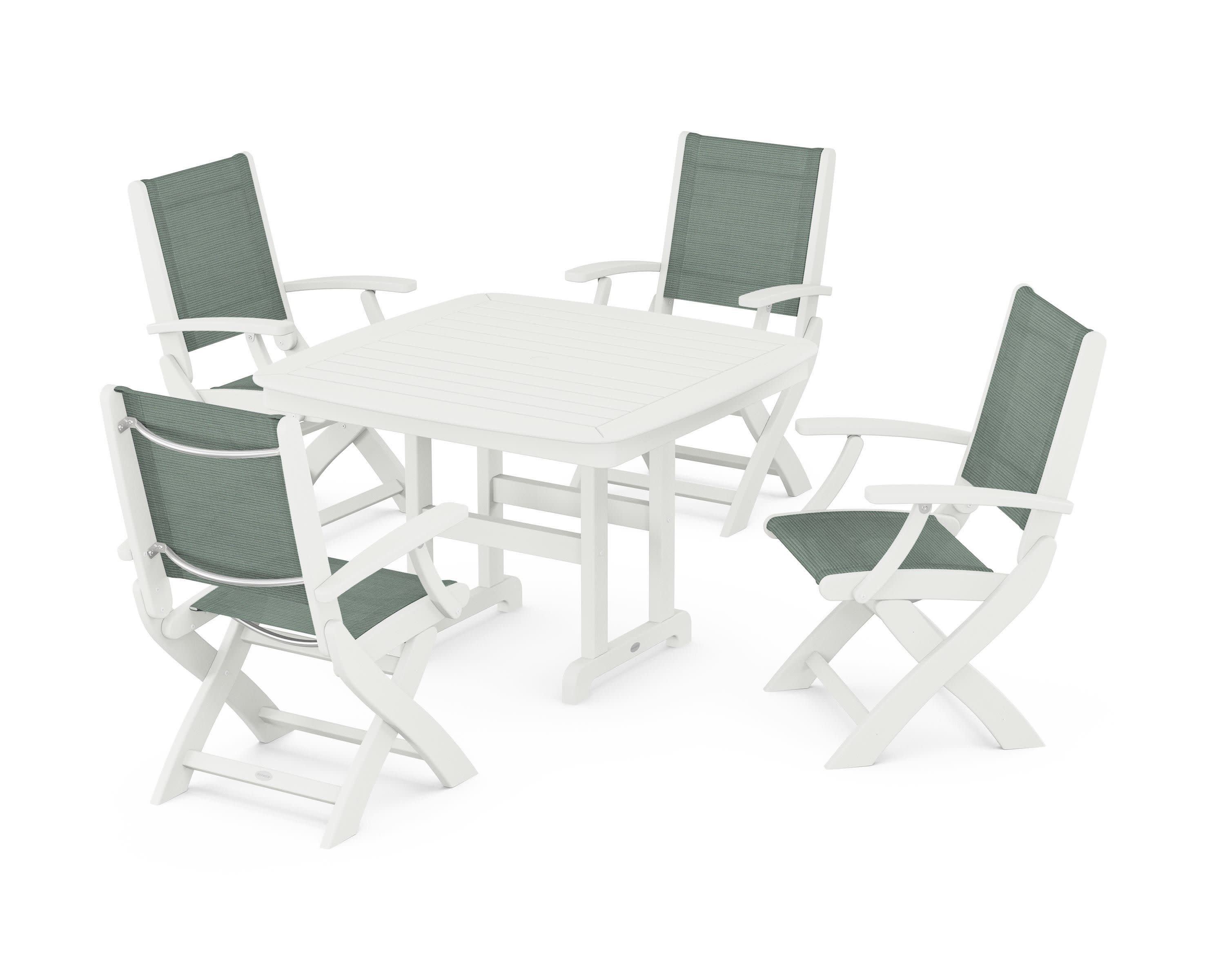 Coastal Folding Chair 5-Piece Dining Set in Vintage White / Dupioni Sea Mist Sling
