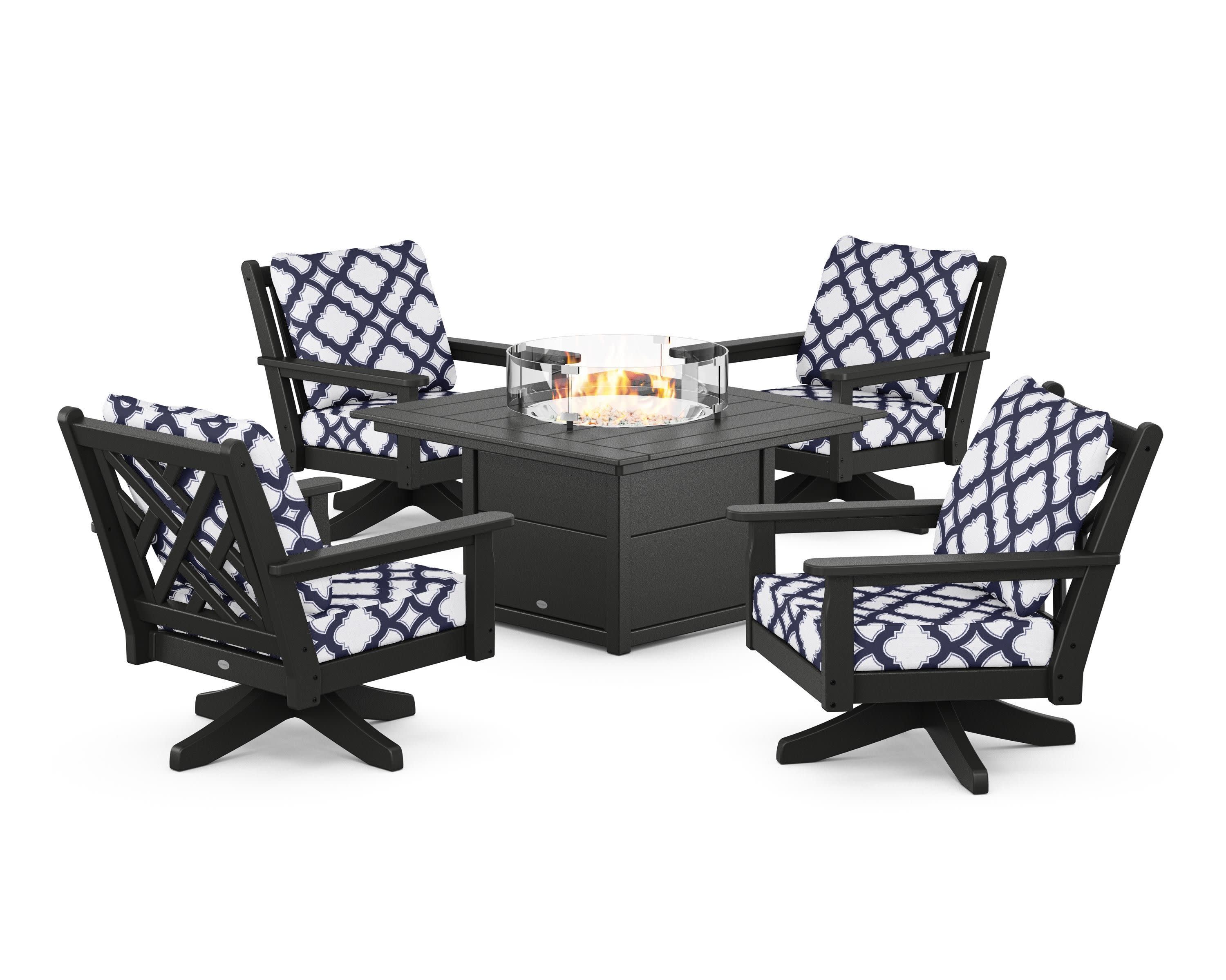 Chippendale 5-Piece Deep Seating Swivel Conversation Set with Fire Pit Table in Black / Trellis Navy