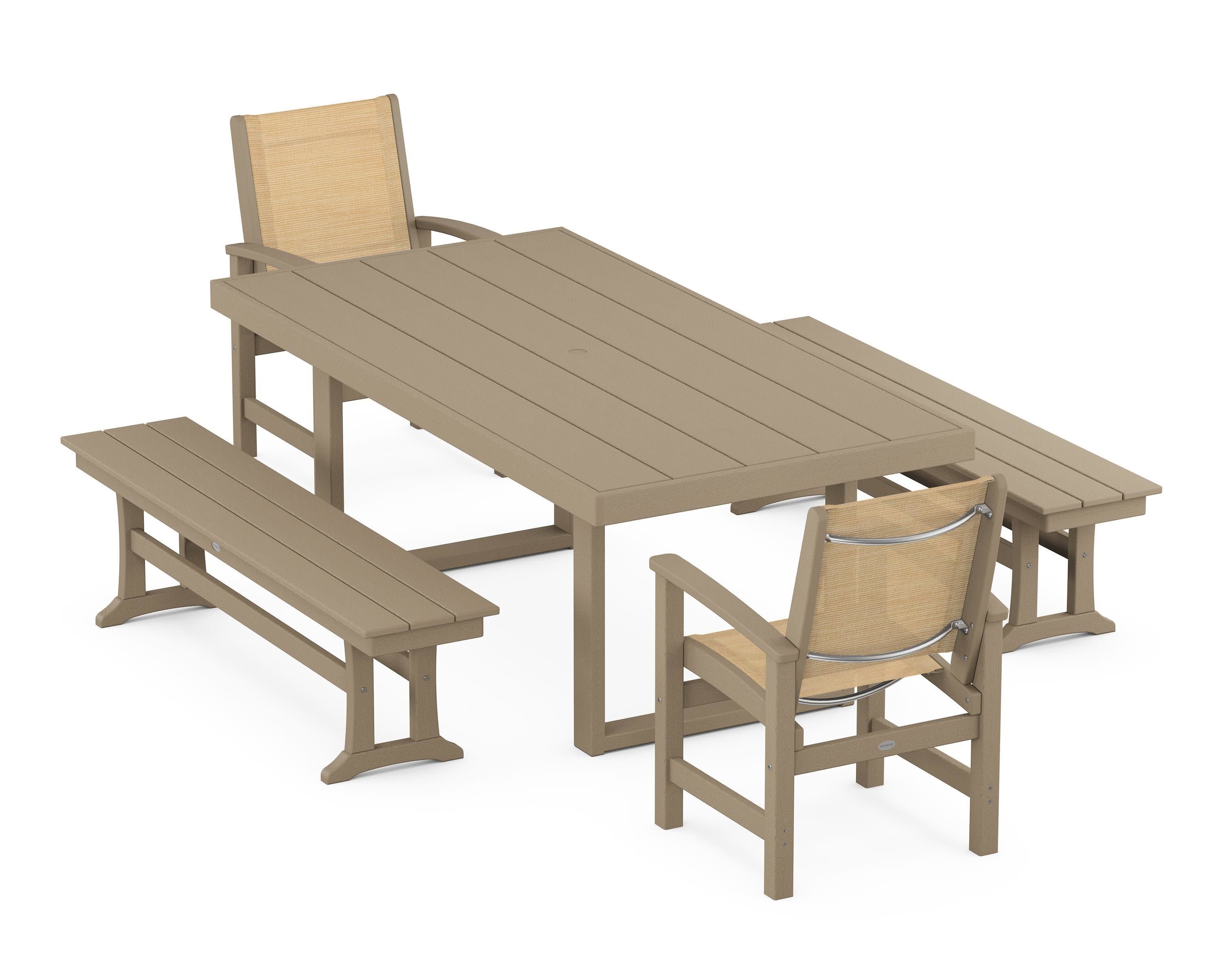 Coastal 5-Piece Dining Set with Trestle Legs in Vintage Sahara / Dupioni Apricot Sling