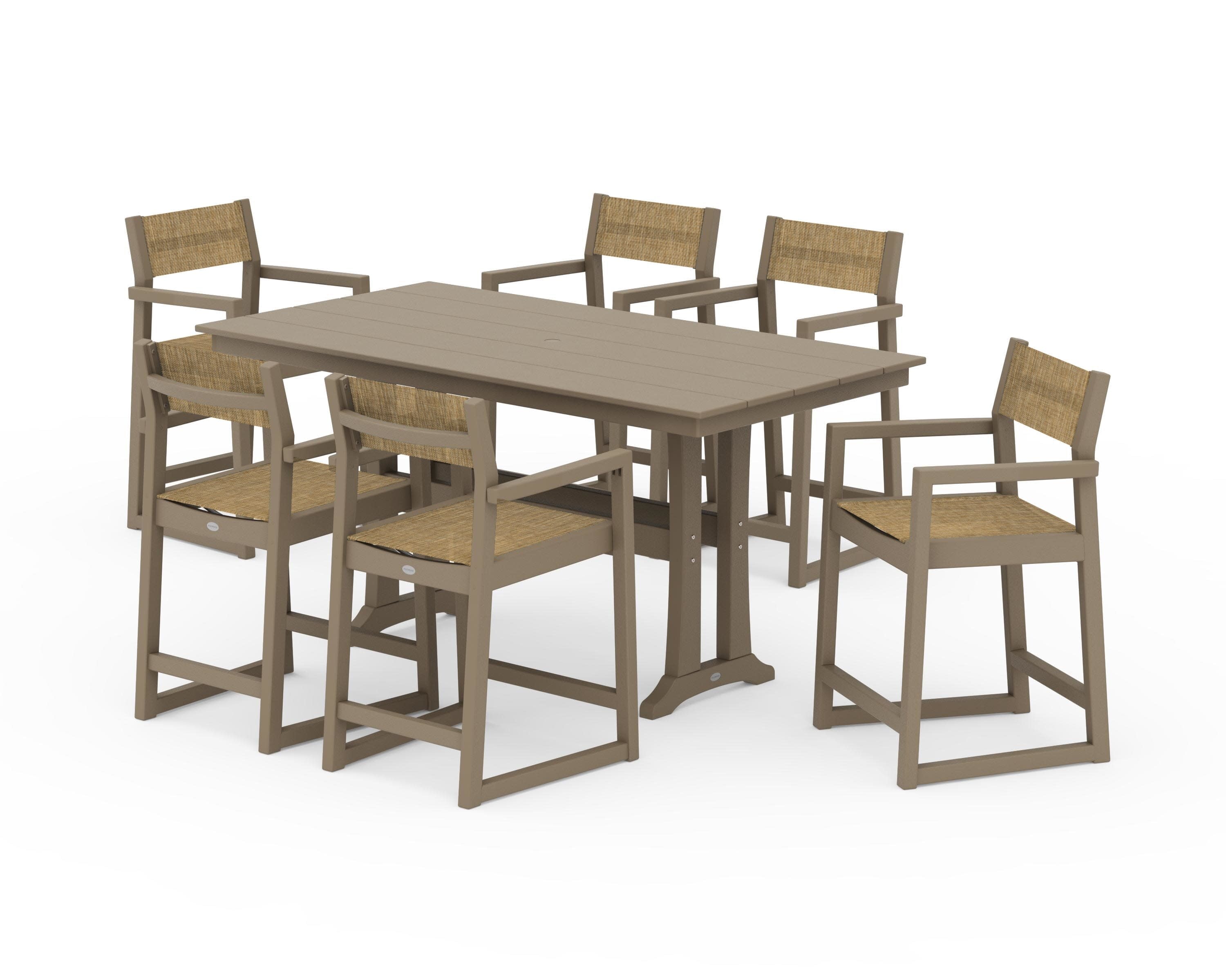 EDGE Sling Arm Chair 7-Piece Farmhouse Counter Set with Trestle Legs in Vintage Sahara / Burlap Sling