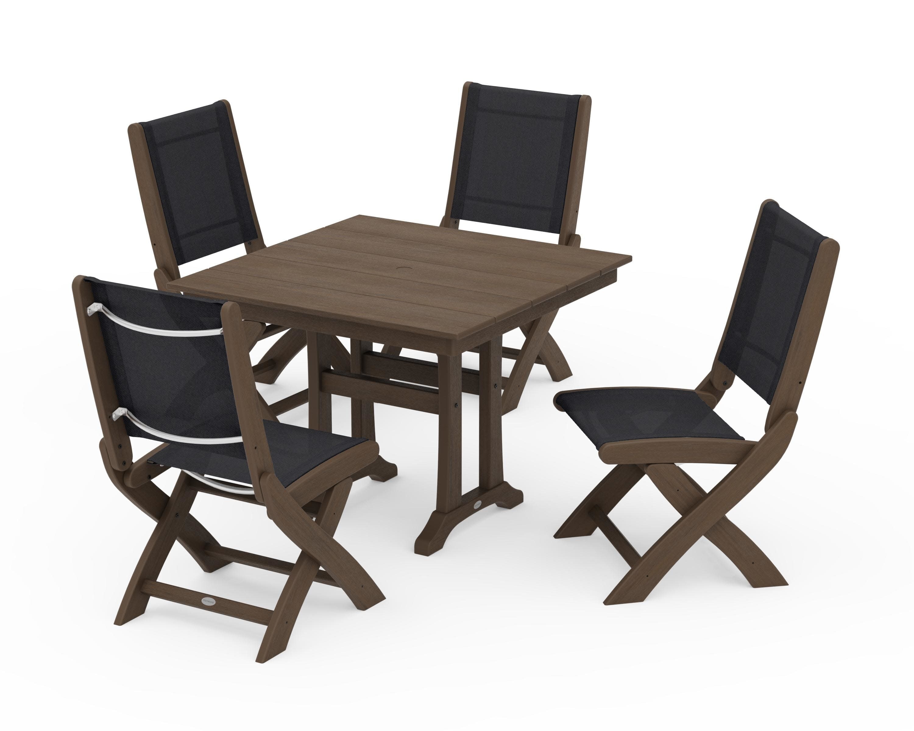 Coastal Folding Side Chair 5-Piece Farmhouse Dining Set With Trestle Legs in Kona / Black Sling