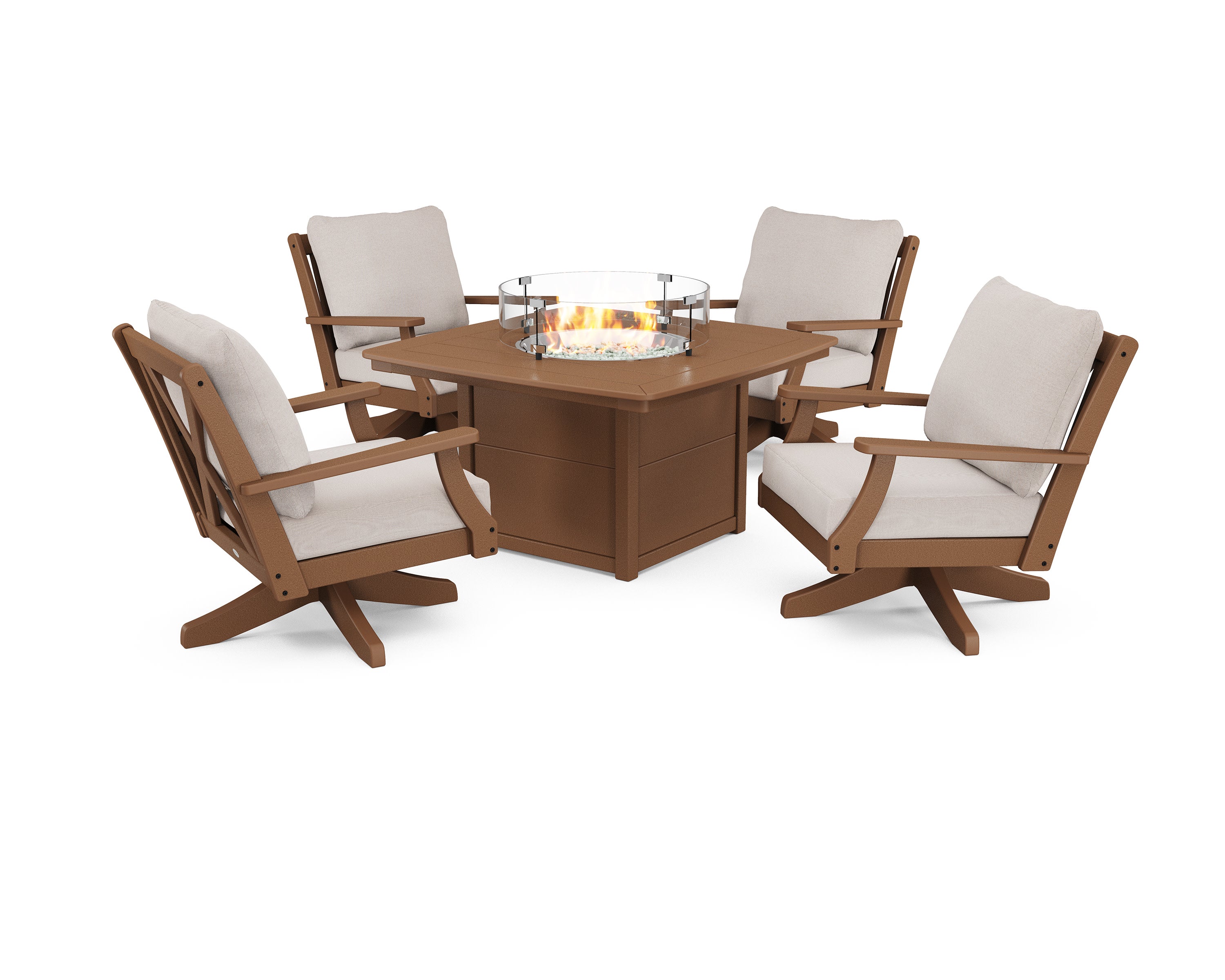 Braxton 5-Piece Deep Seating Swivel Conversation Set with Fire Pit Table in Teak / Dune Burlap