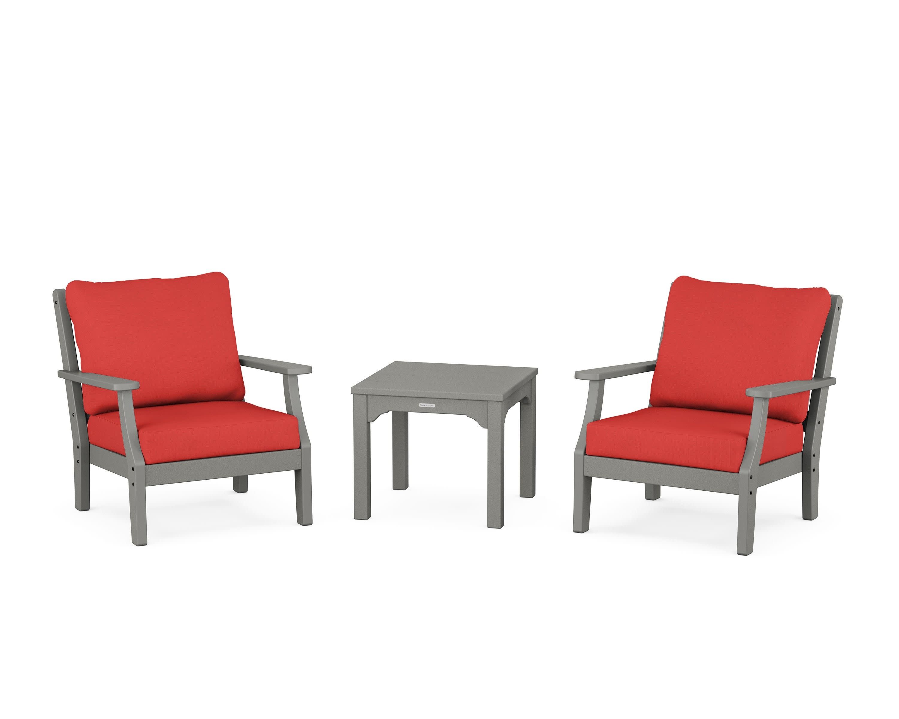 Chinoiserie 3-Piece Deep Seating Set in Slate Grey / Crimson Linen