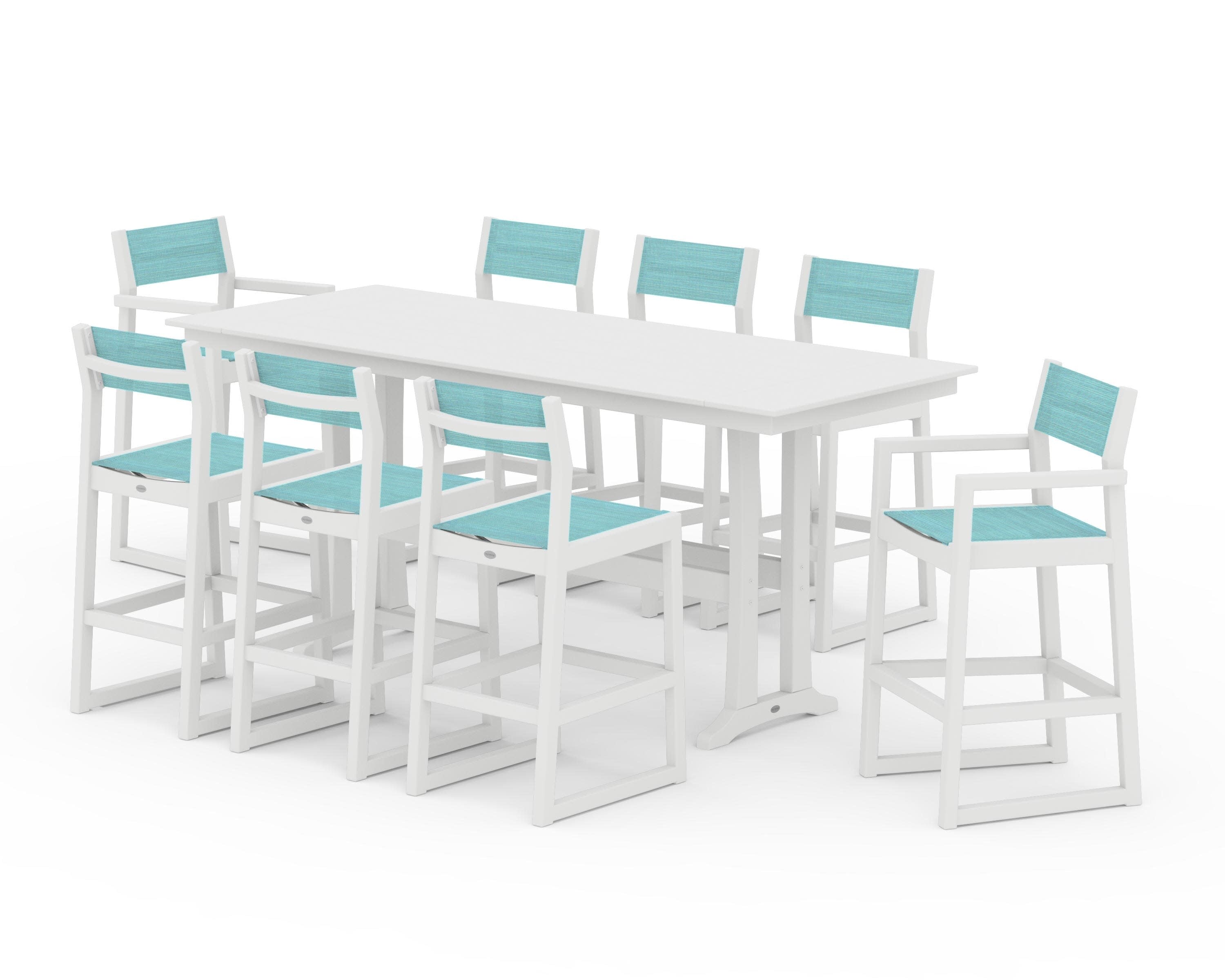 EDGE Sling 9-Piece Farmhouse Bar Set with Trestle Legs in White / Dupioni Aquamarine Sling