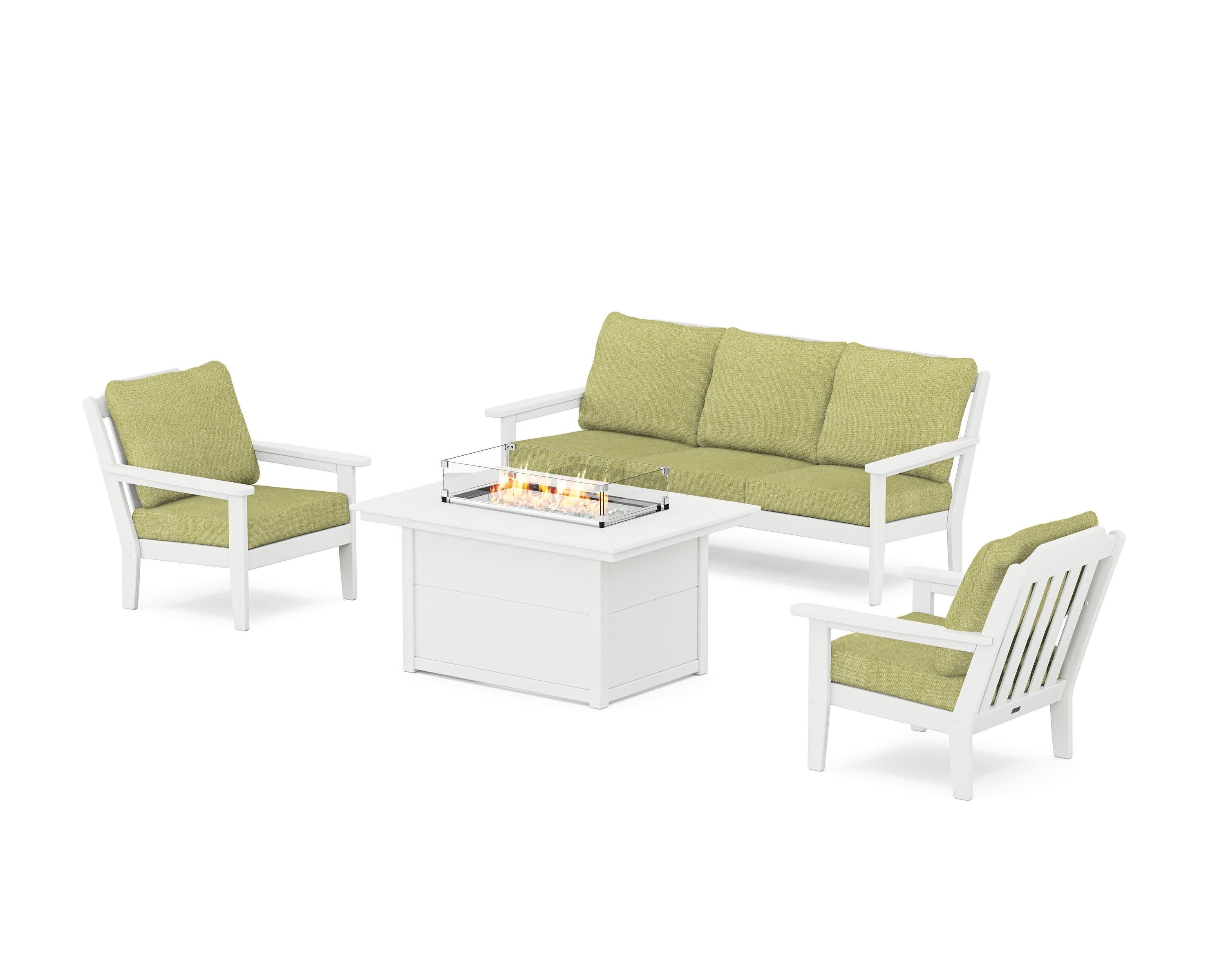 Cottage Deep Seating Fire Pit Table Set in White / Chartreuse Boucle
