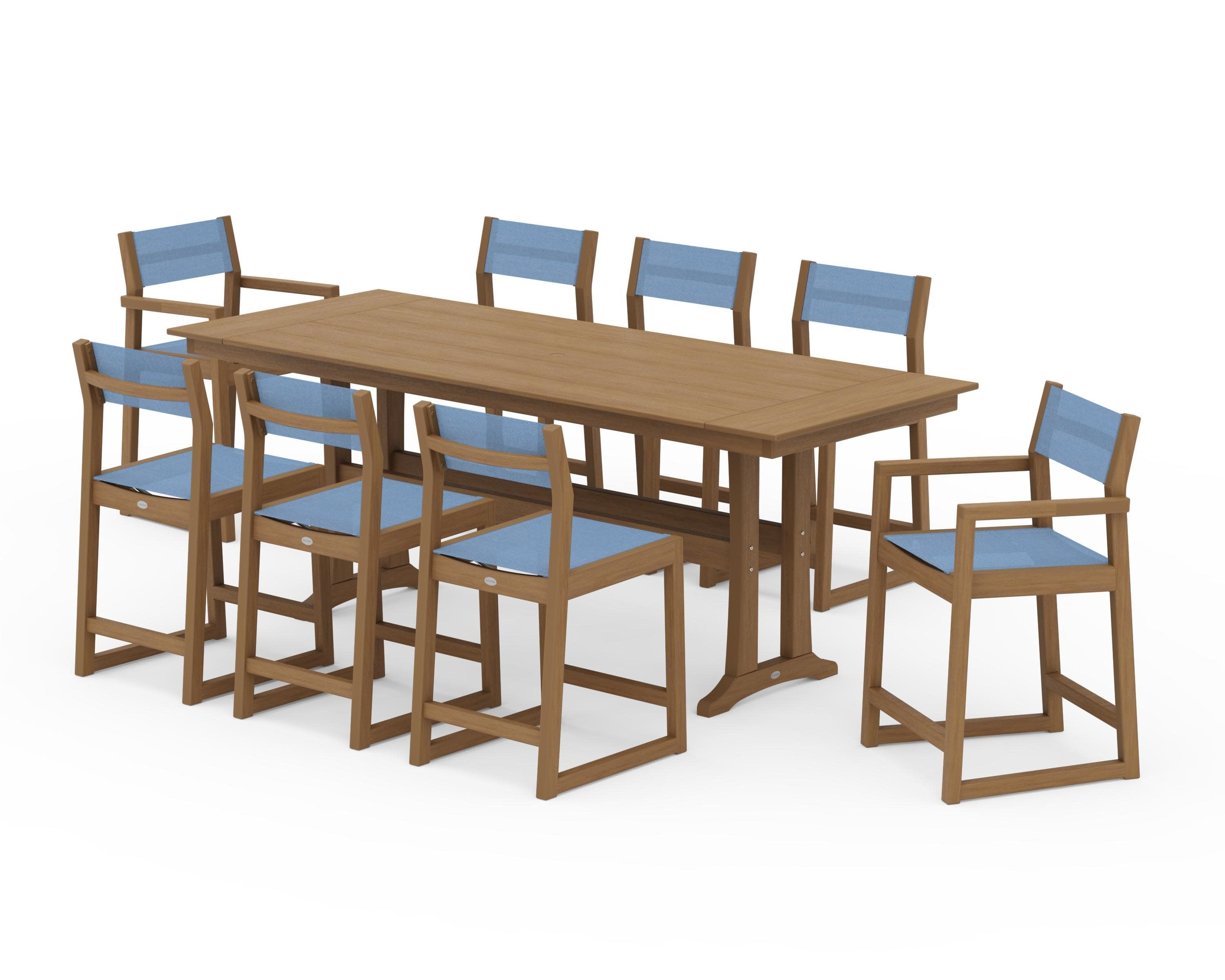 EDGE Sling 9-Piece Farmhouse Counter Set with Trestle Legs in Natural / Poolside Sling
