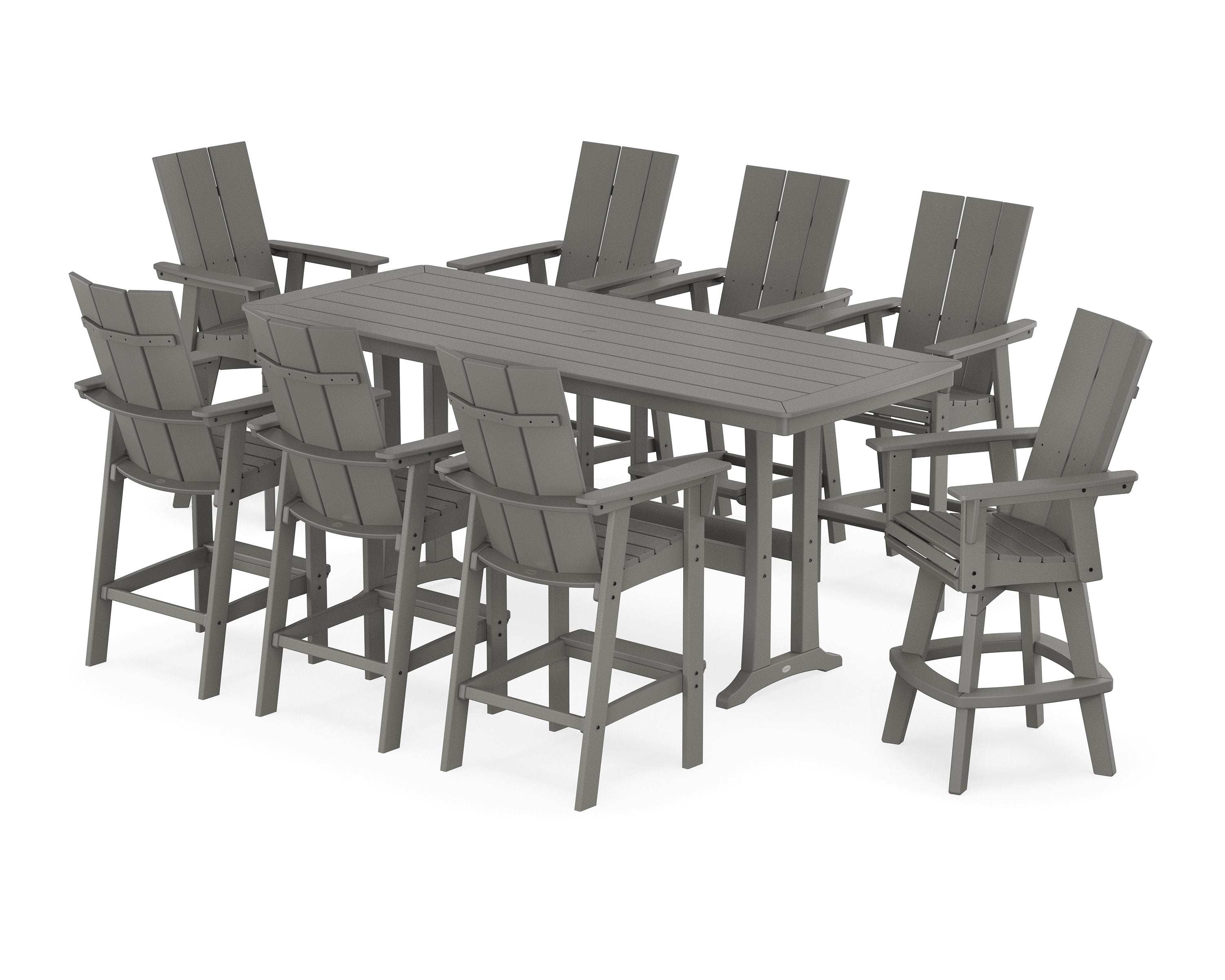 Modern Curveback Adirondack Swivel 9-Piece Bar Set with Trestle Legs in Slate Grey