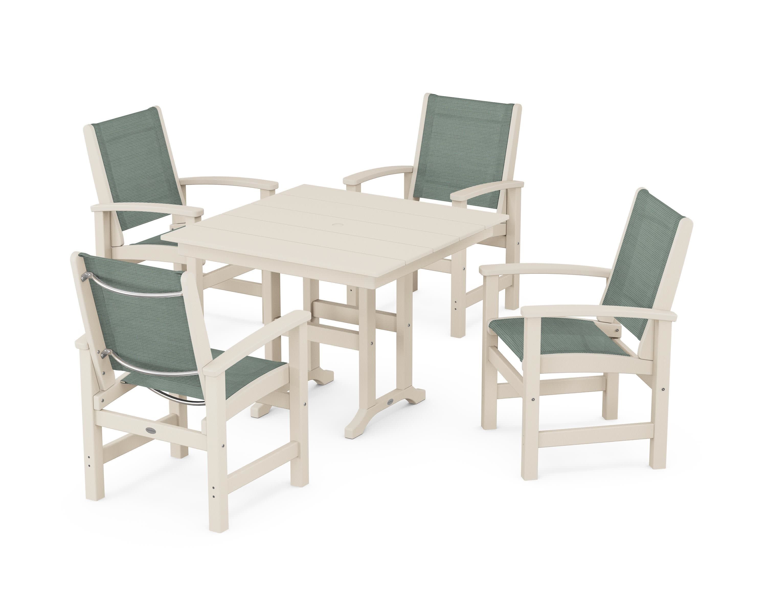 Coastal 5-Piece Farmhouse Dining Set in Sand / Dupioni Sea Mist Sling