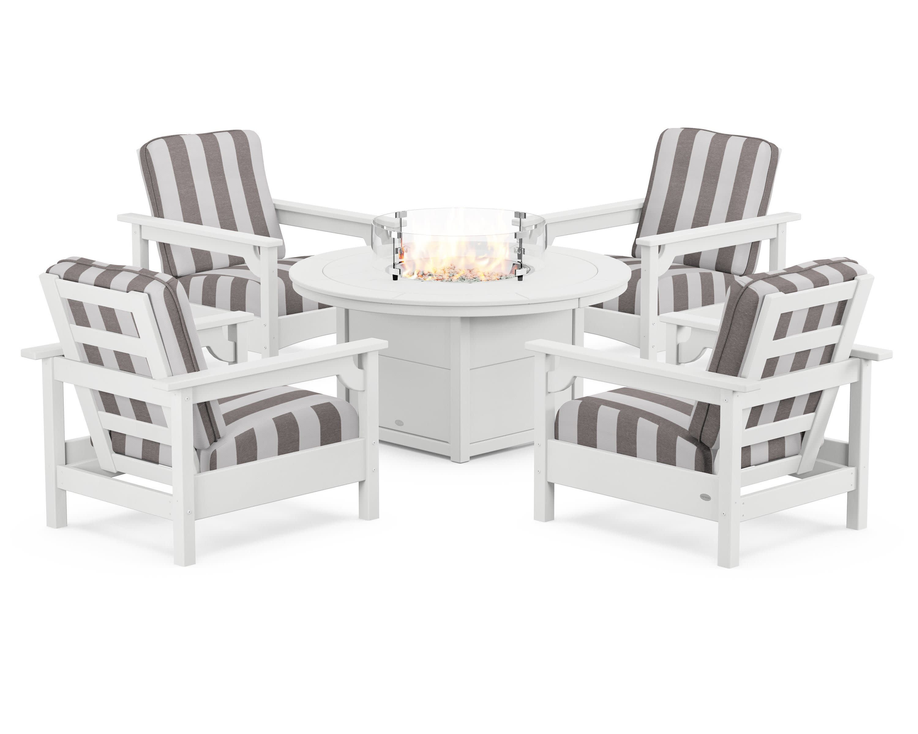 Club 5-Piece Conversation Set with Fire Pit Table in White / Cabana Stripe Grey Mist