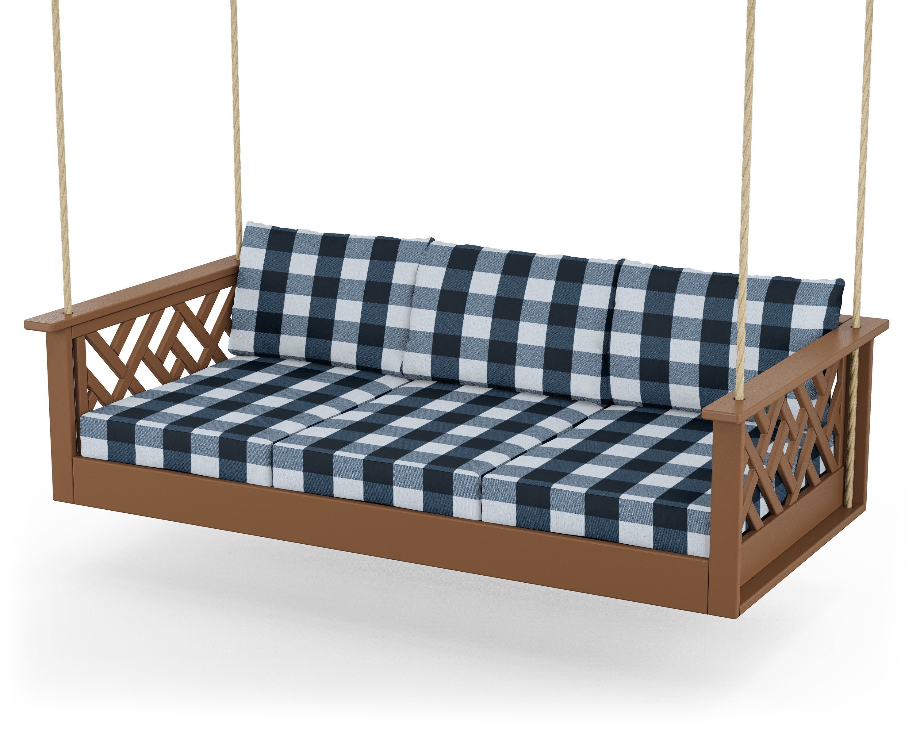 Chippendale Daybed Swing in Teak / Buffalo Plaid Marine Indigo