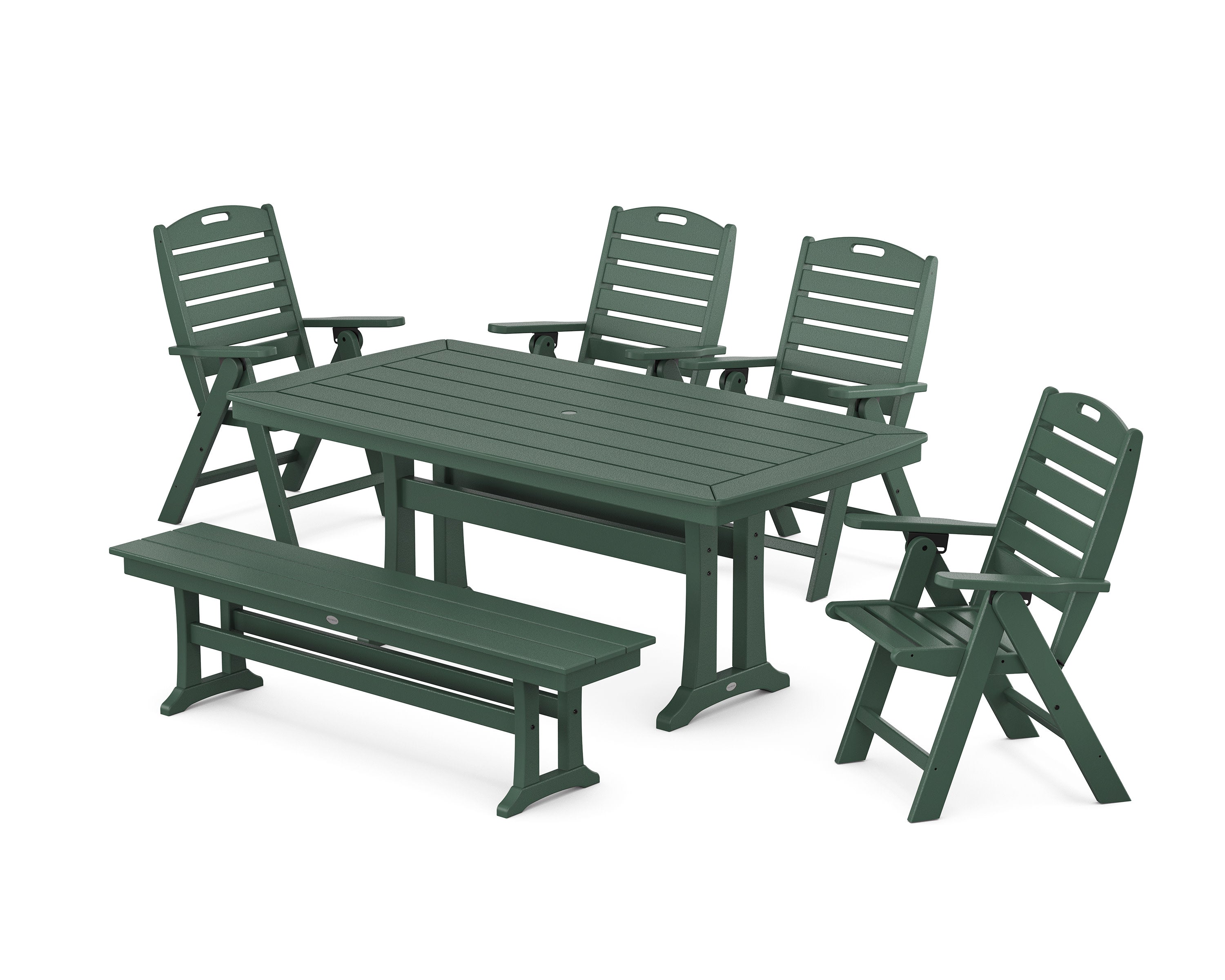Nautical Highback 6-Piece Dining Set with Trestle Legs and Bench in Green