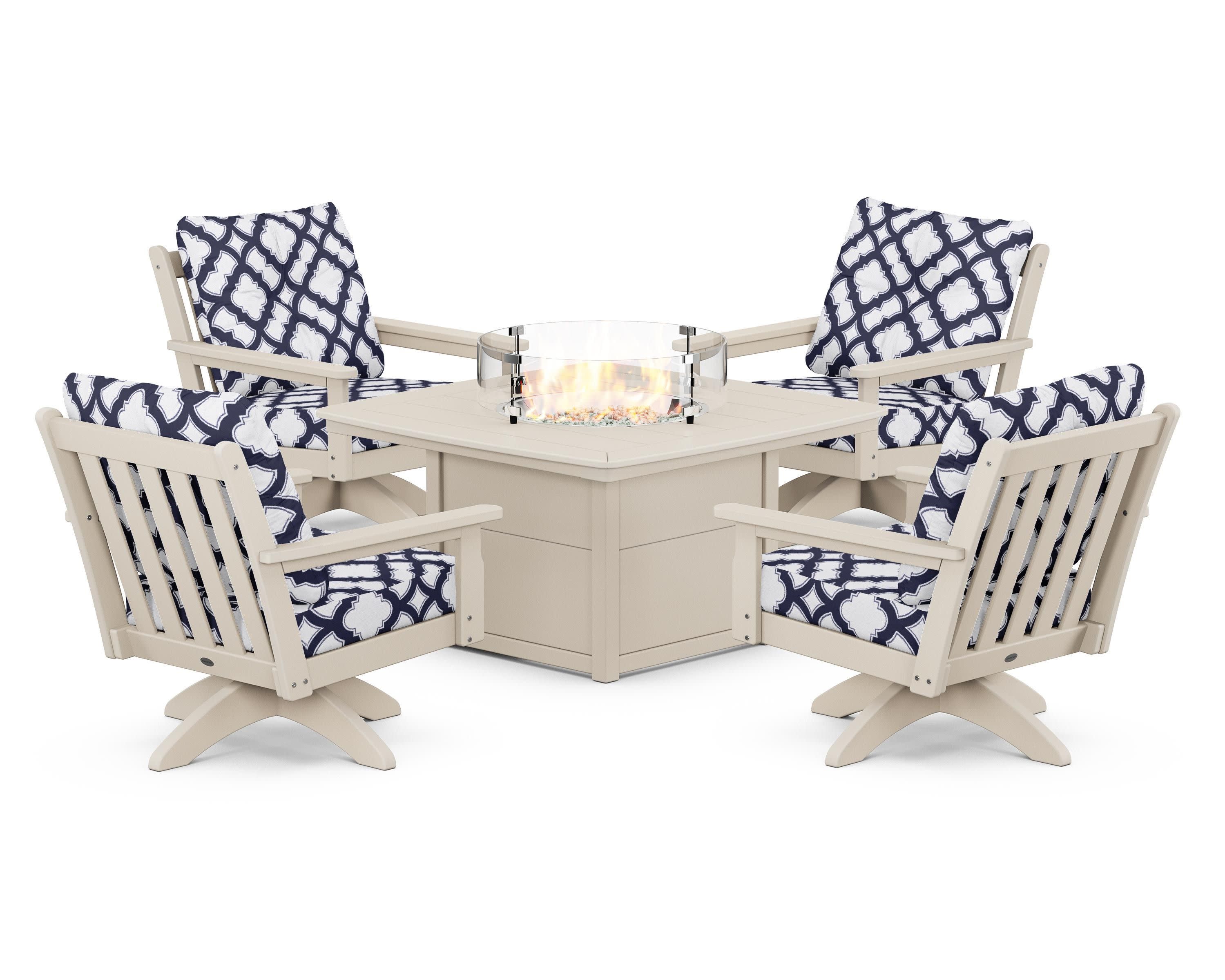 Vineyard 5-Piece Deep Seating Swivel Conversation Set with Fire Pit Table in Sand / Trellis Navy