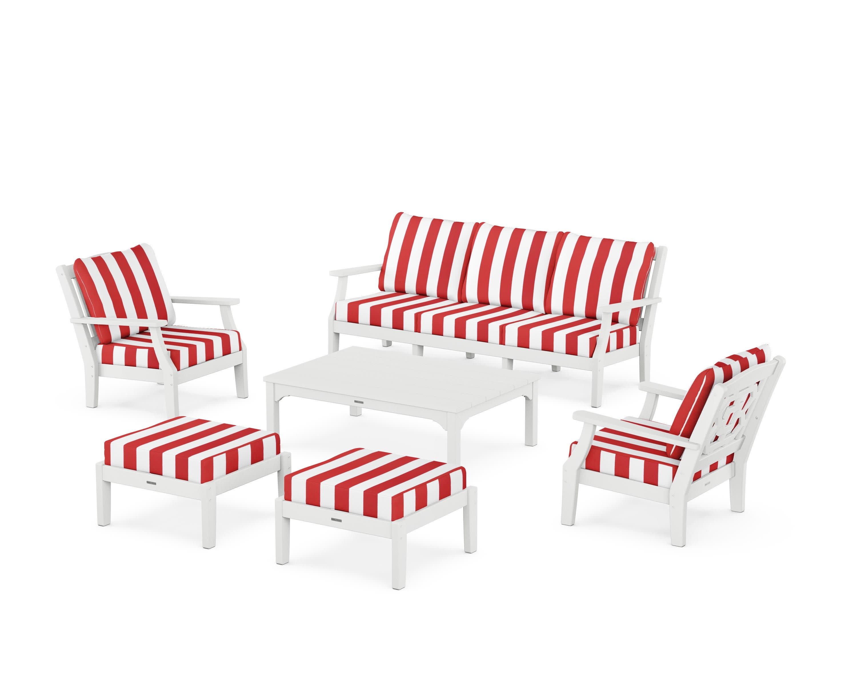 Chinoiserie 6-Piece Lounge Sofa Set in White / Cabana Stripe Crimson