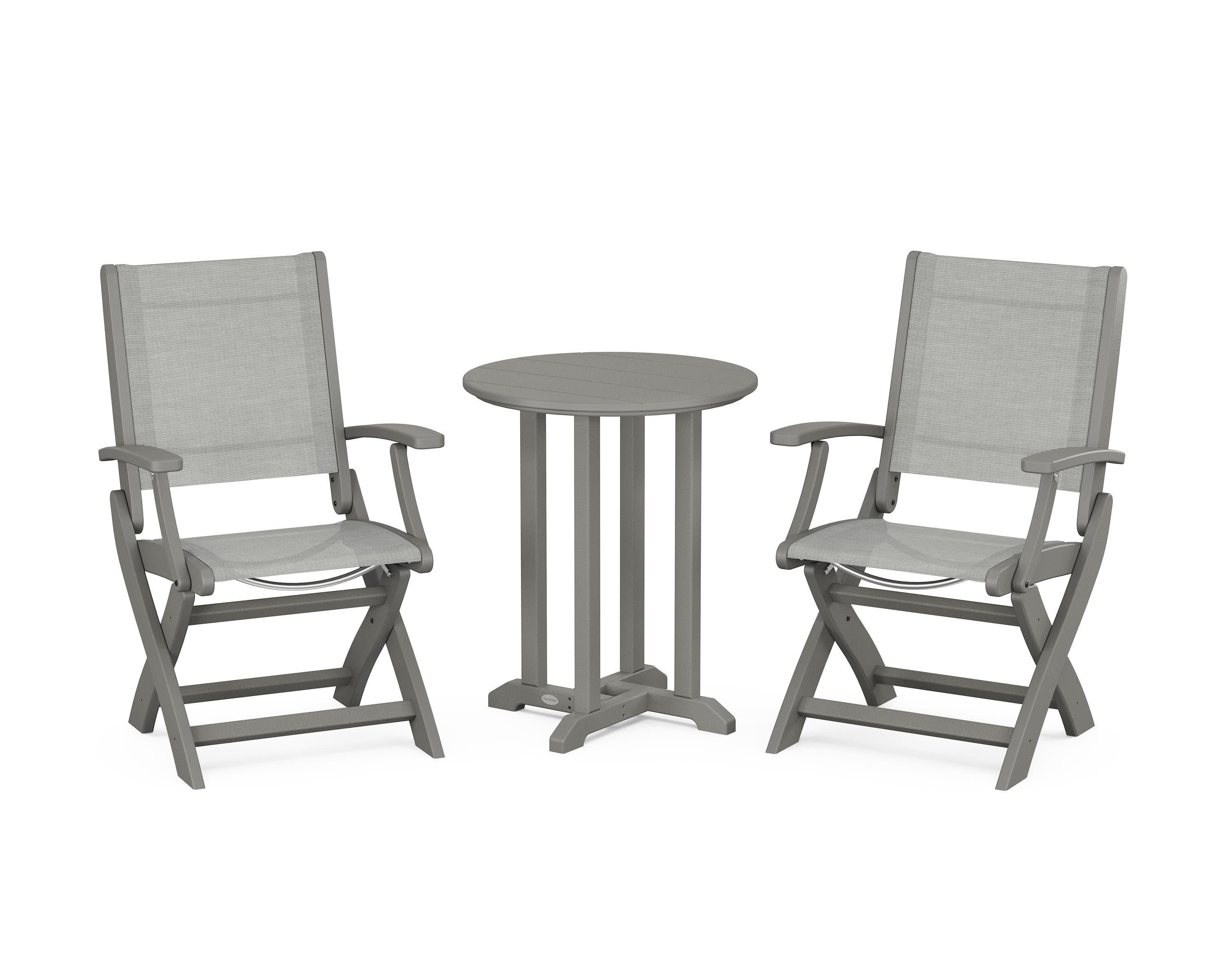 Coastal Folding 3-Piece Round Bistro Dining Set in Slate Grey / Metallic Sling