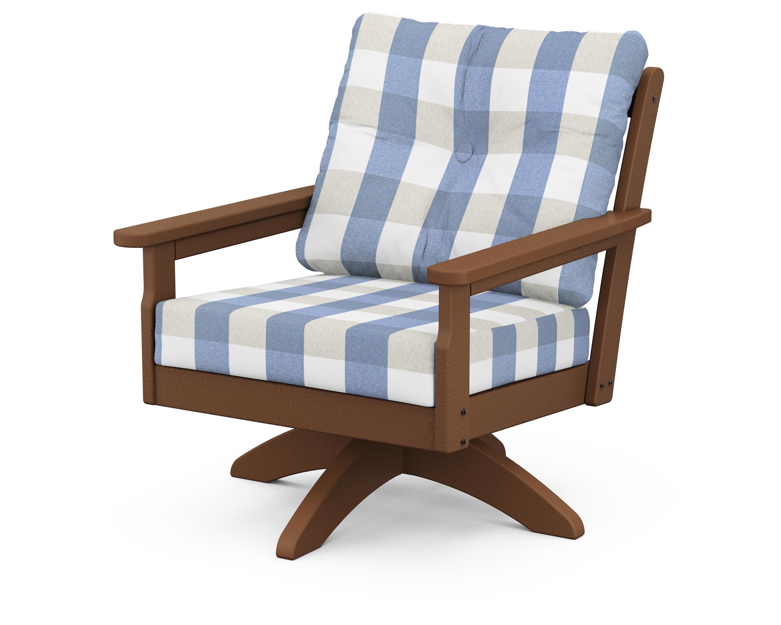 Vineyard Deep Seating Swivel Chair in Teak / Buffalo Plaid Sky Blue