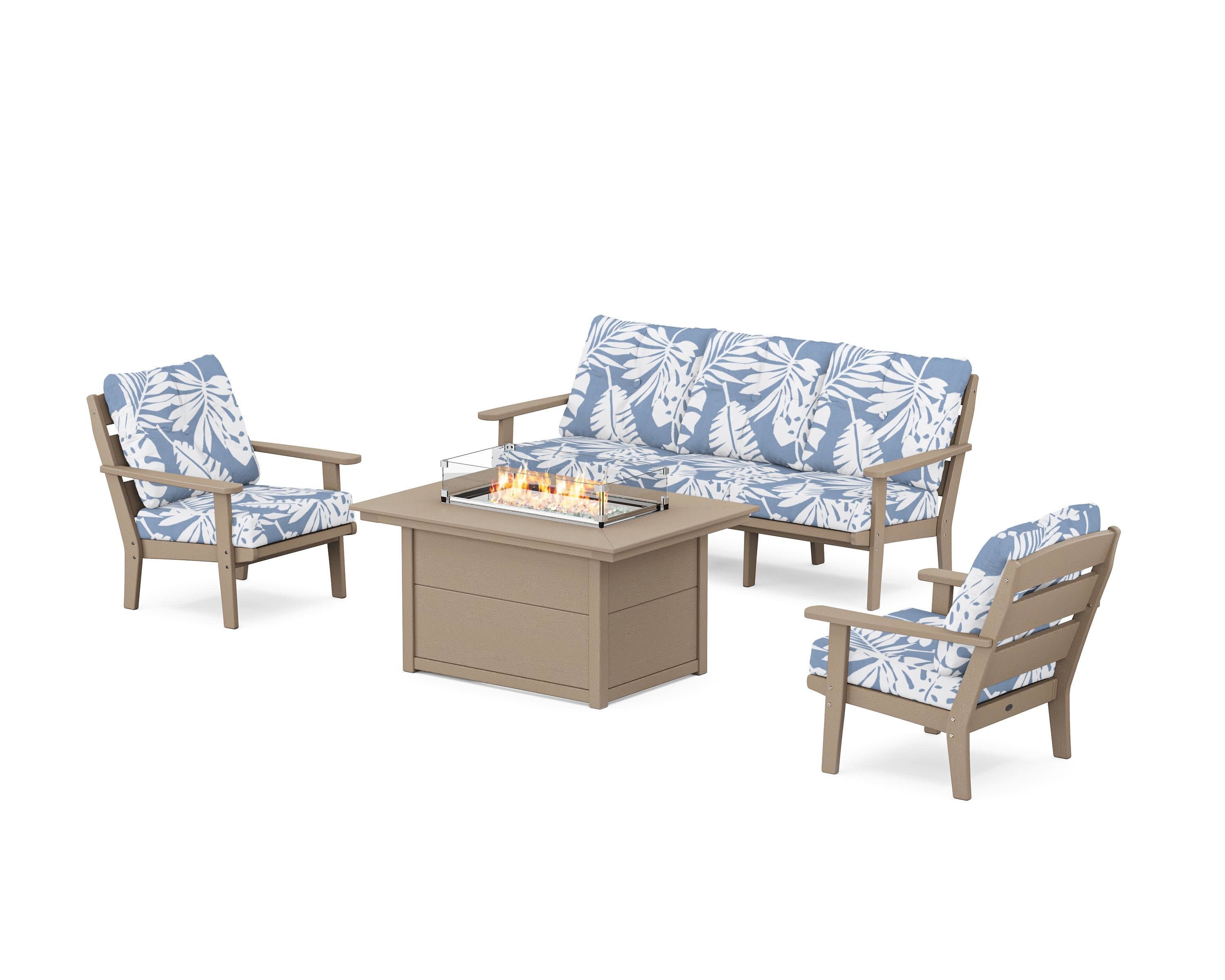 Lakeside Deep Seating Fire Pit Table Set in Vintage Sahara / Leaf Sky Blue