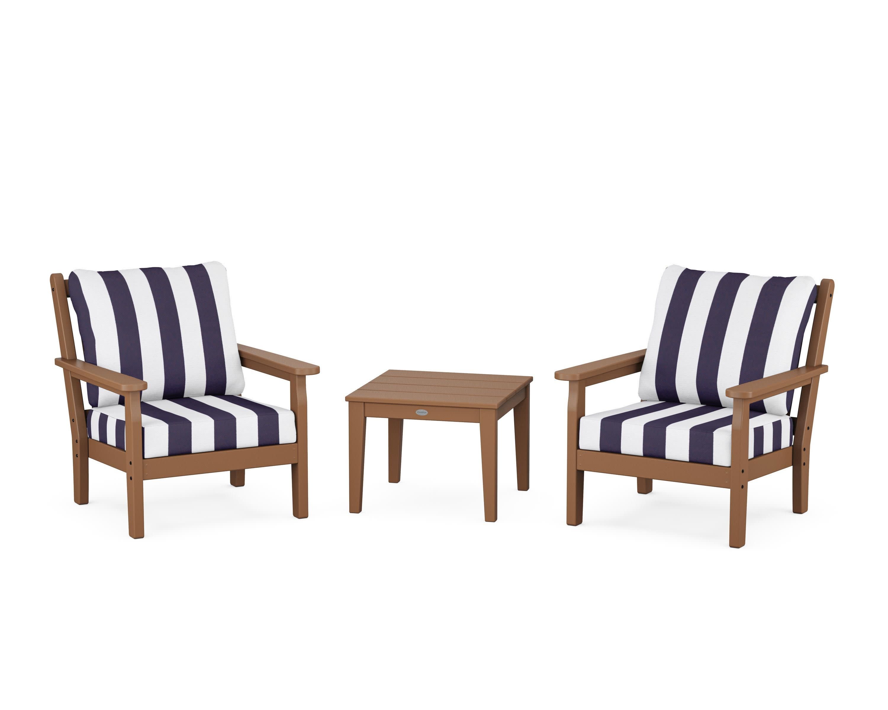 Chippendale 3-Piece Deep Seating Set in Teak / Cabana Stripe Navy
