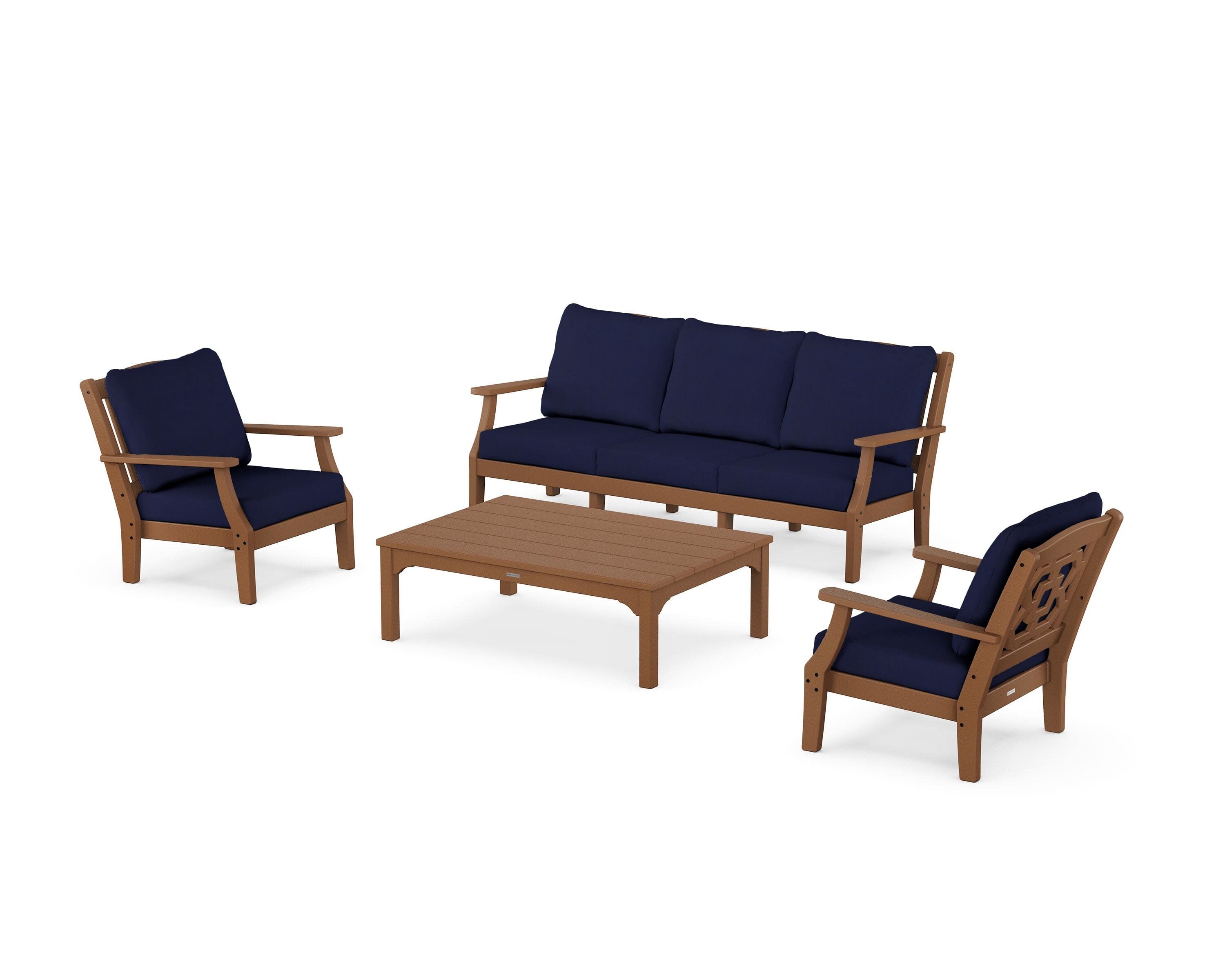 Chinoiserie 4-Piece Deep Seating Set with Sofa in Teak / Navy