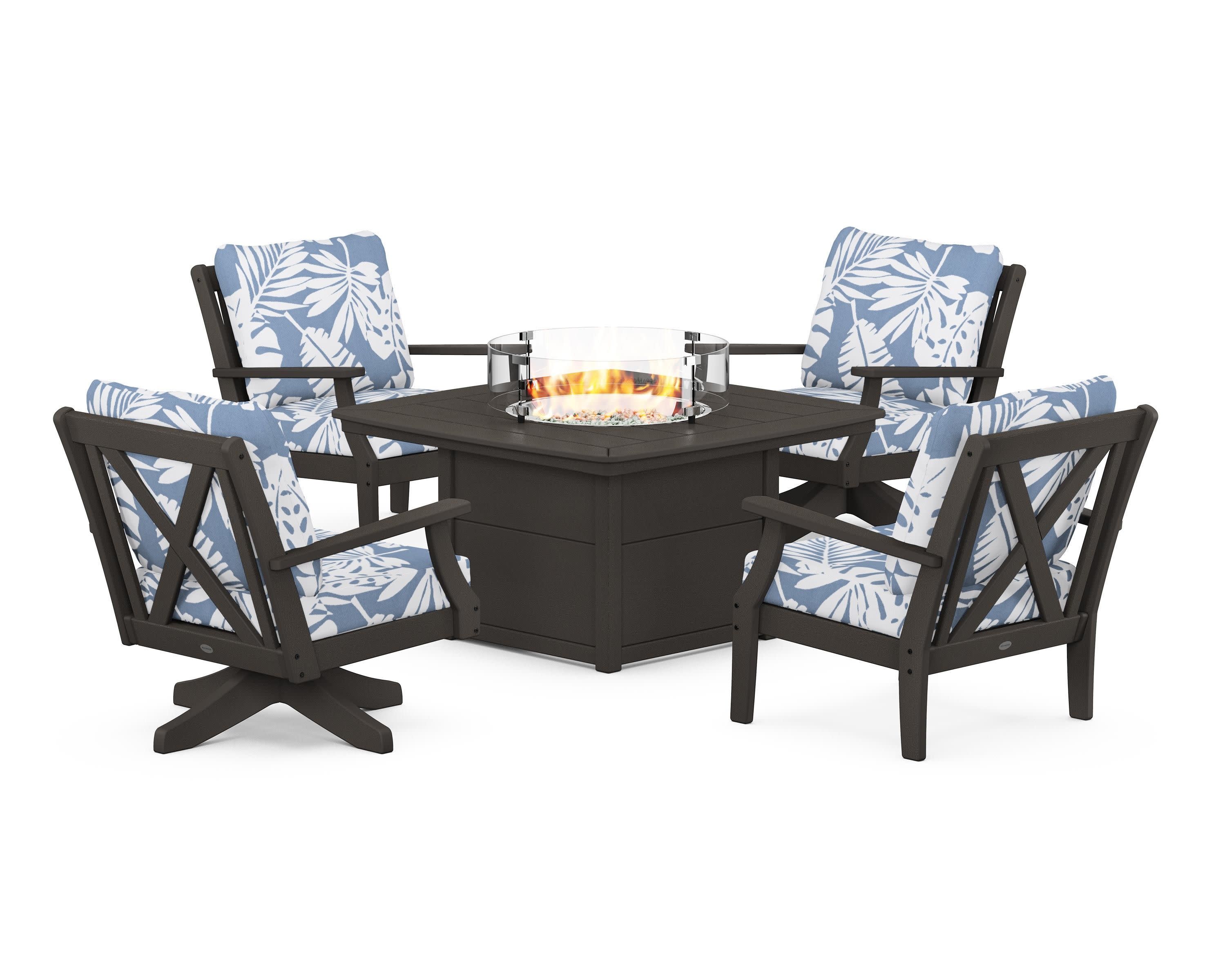 Braxton 5-Piece Deep Seating Set with Fire Table in Vintage Coffee / Leaf Sky Blue