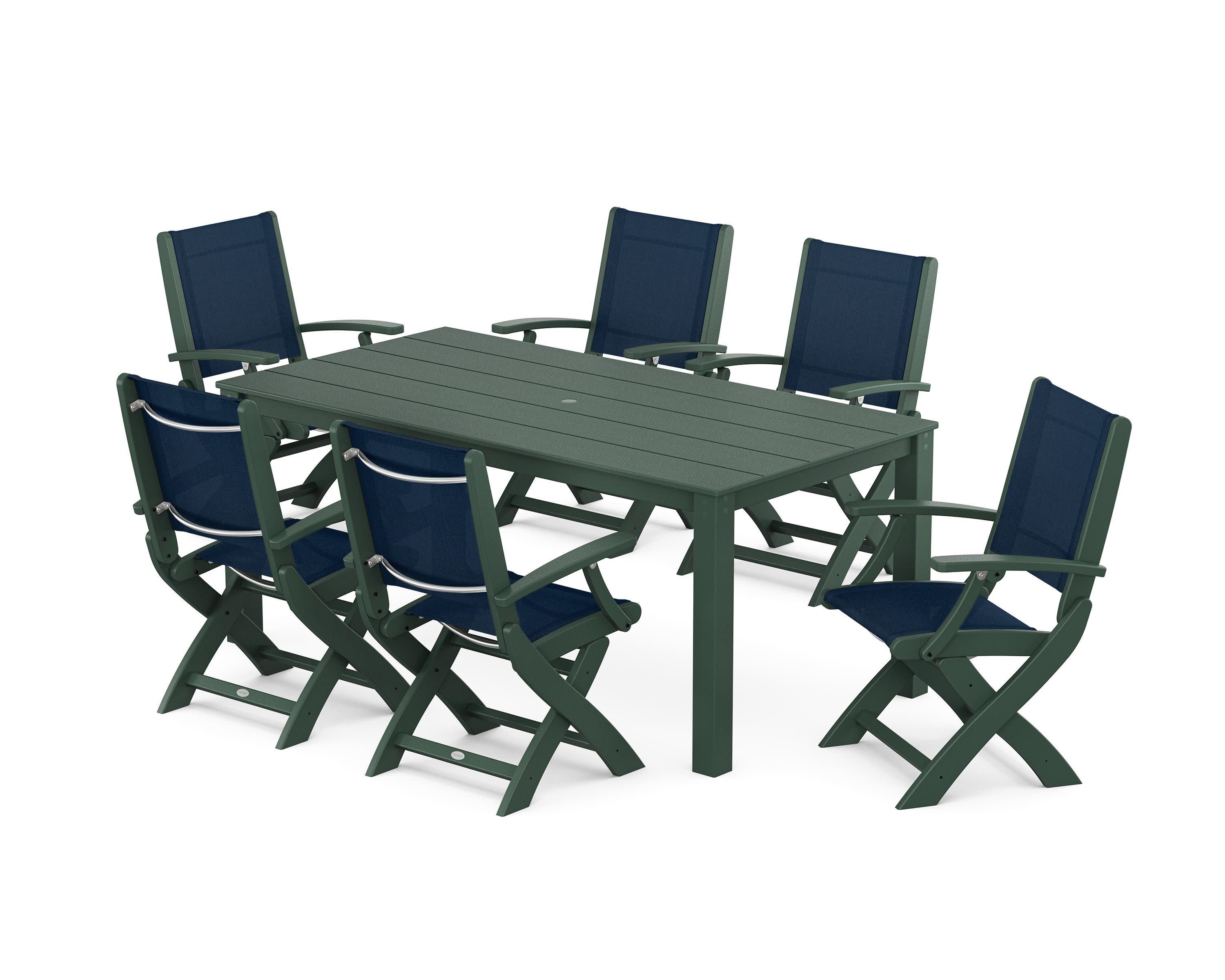 Coastal Folding Chair 7-Piece Parsons Dining Set in Green / Navy Blue Sling