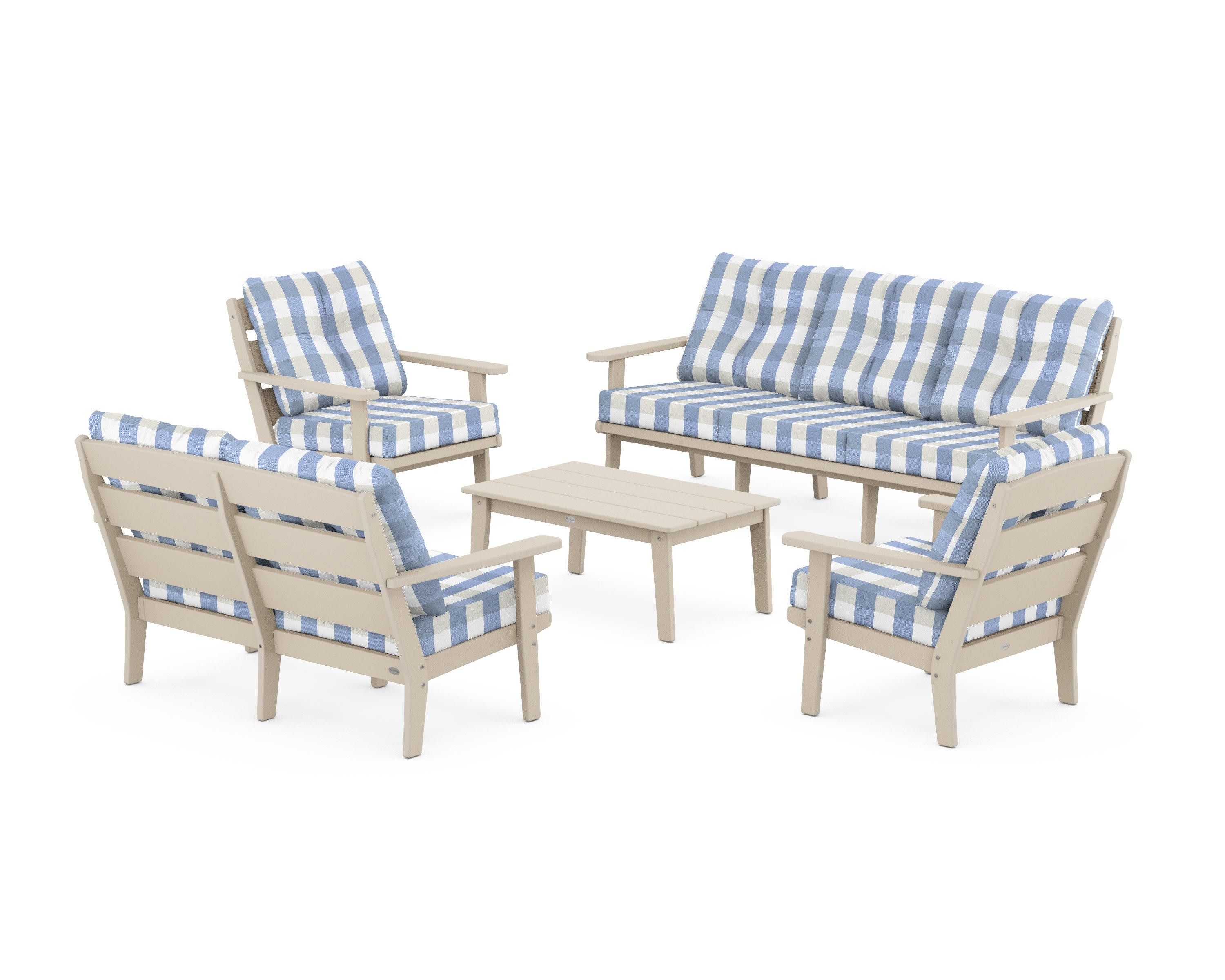 Lakeside 5-Piece Lounge Sofa Set in Sand / Buffalo Plaid Sky Blue