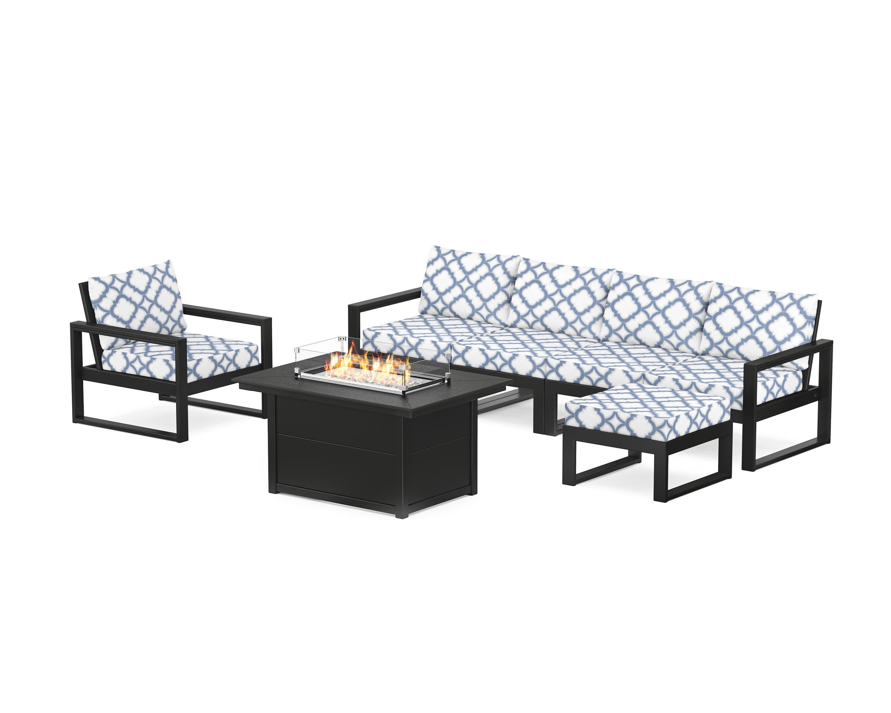 EDGE Sectional Lounge and Fire Pit Set in Black / Trellis Sky Blue