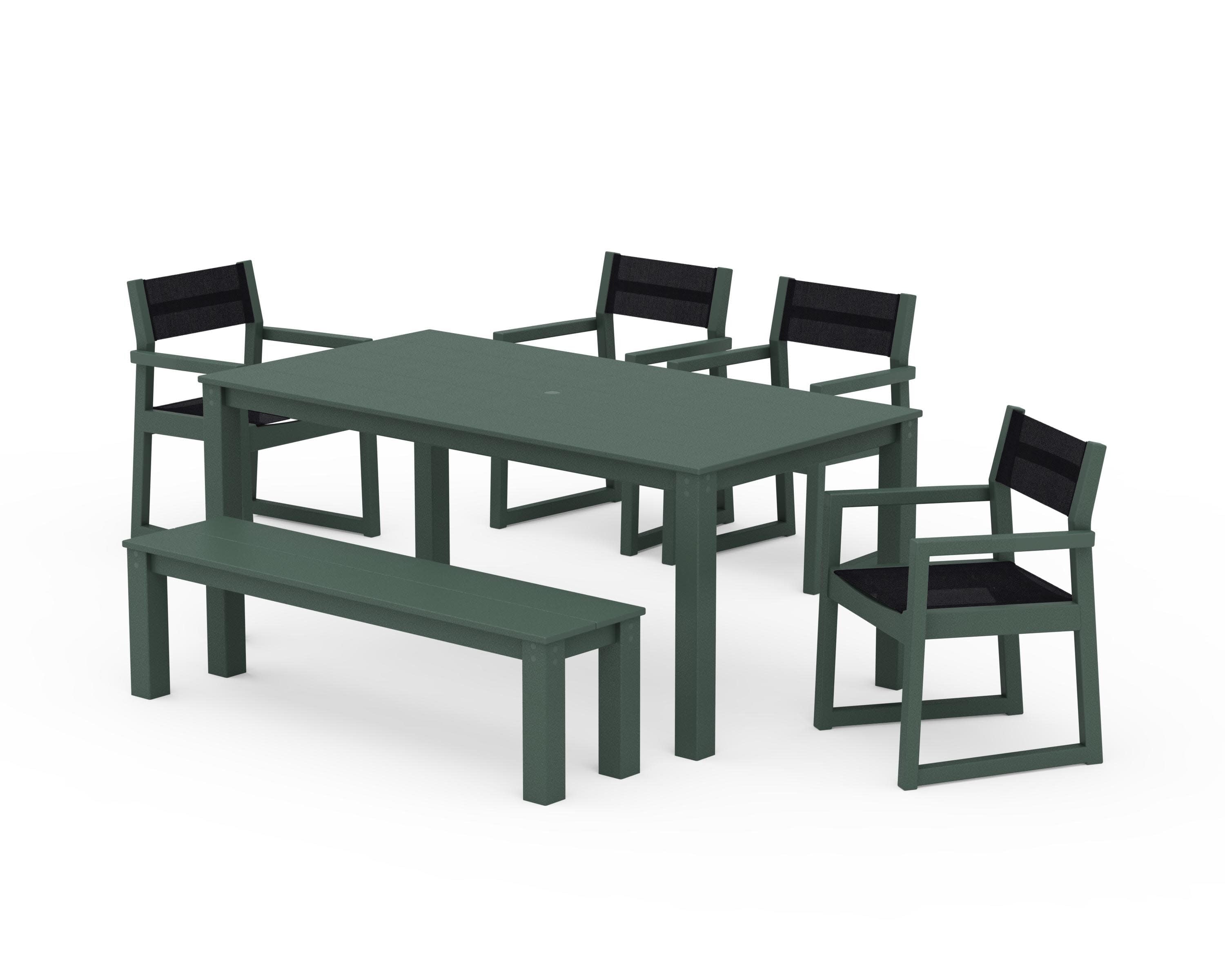 EDGE Sling Arm Chair 6-Piece Parsons Dining Set with Bench in Green / Black Sling