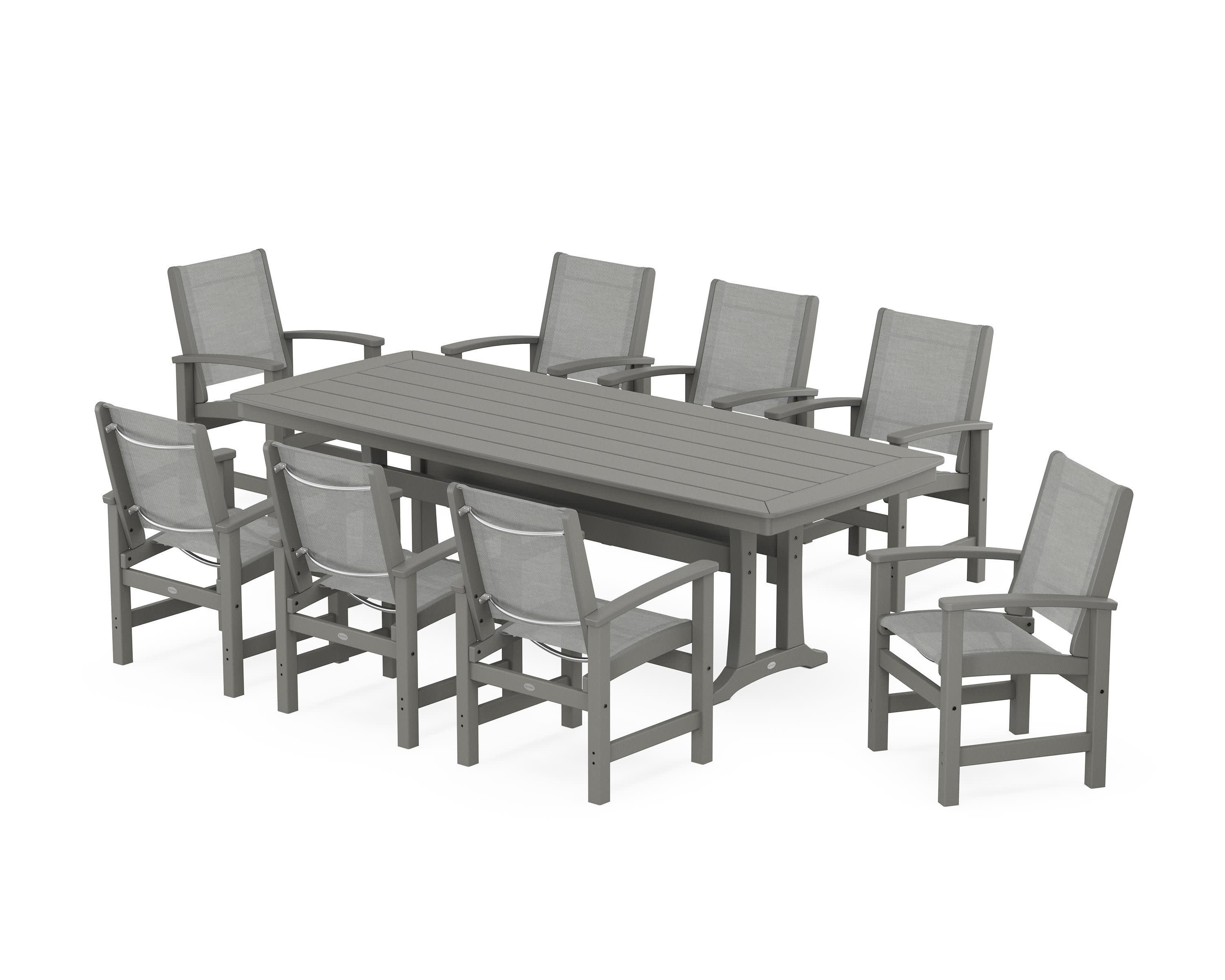 Coastal 9-Piece Dining Set with Trestle Legs in Slate Grey / Metallic Sling