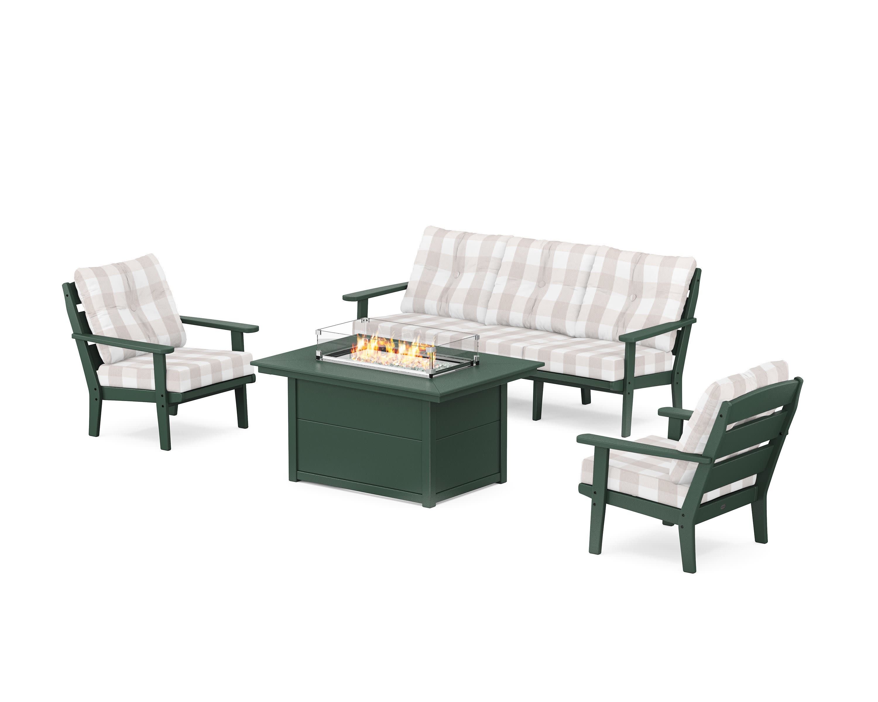 Lakeside Deep Seating Fire Pit Table Set in Green / Buffalo Plaid Dune Burlap