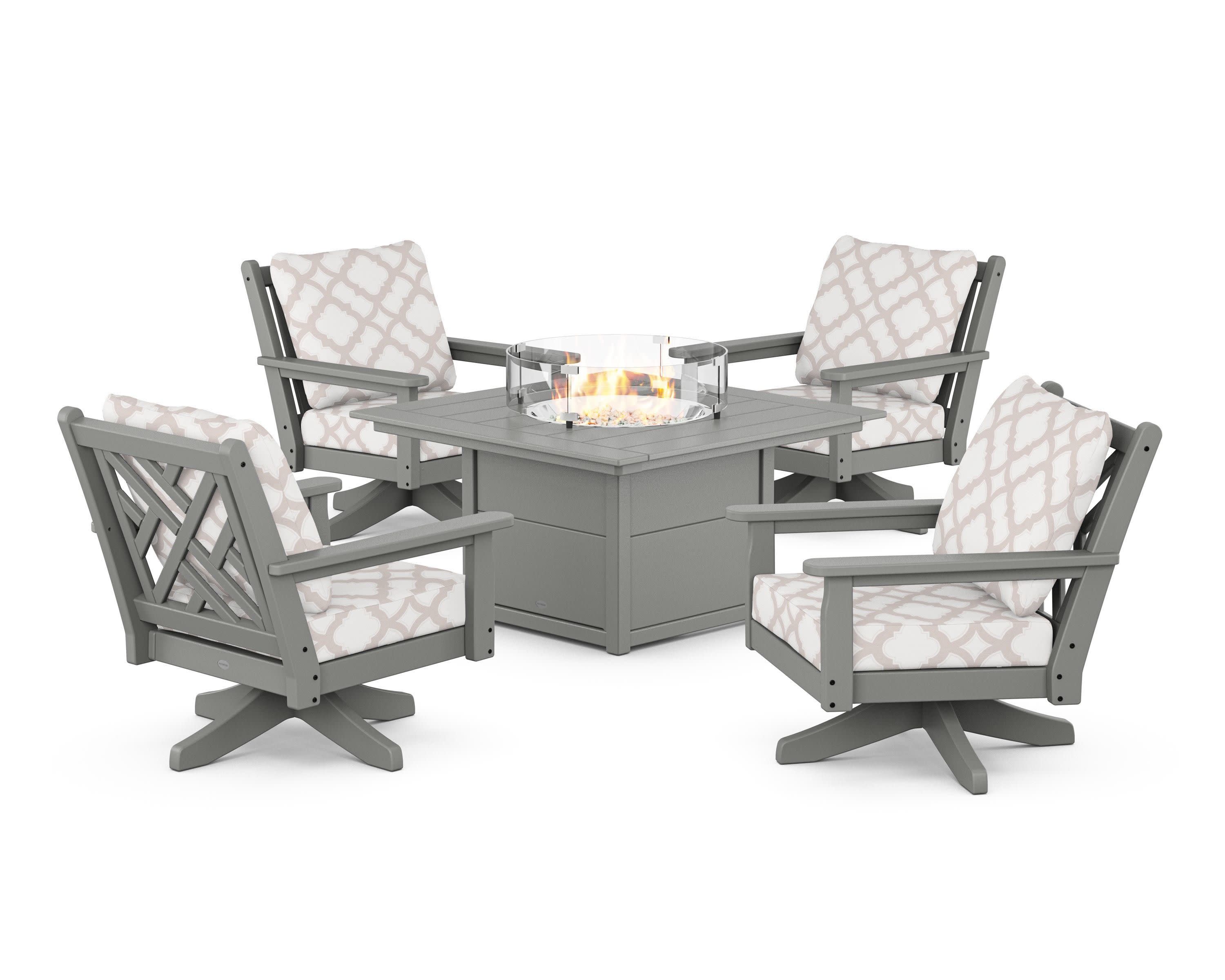 Chippendale 5-Piece Deep Seating Swivel Conversation Set with Fire Pit Table in Slate Grey / Trellis Dune Burlap