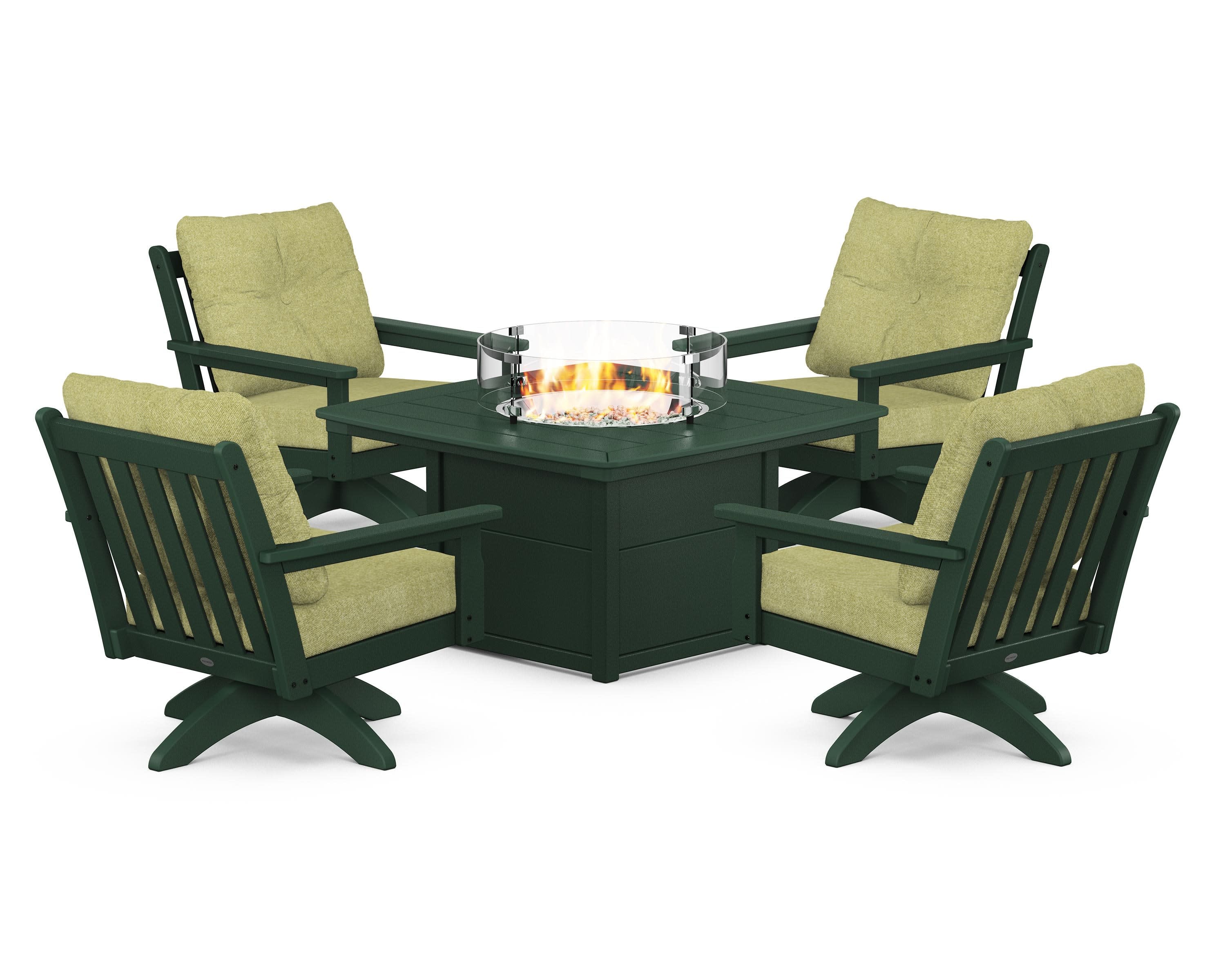 Vineyard 5-Piece Deep Seating Swivel Conversation Set with Fire Pit Table in Green / Chartreuse Boucle