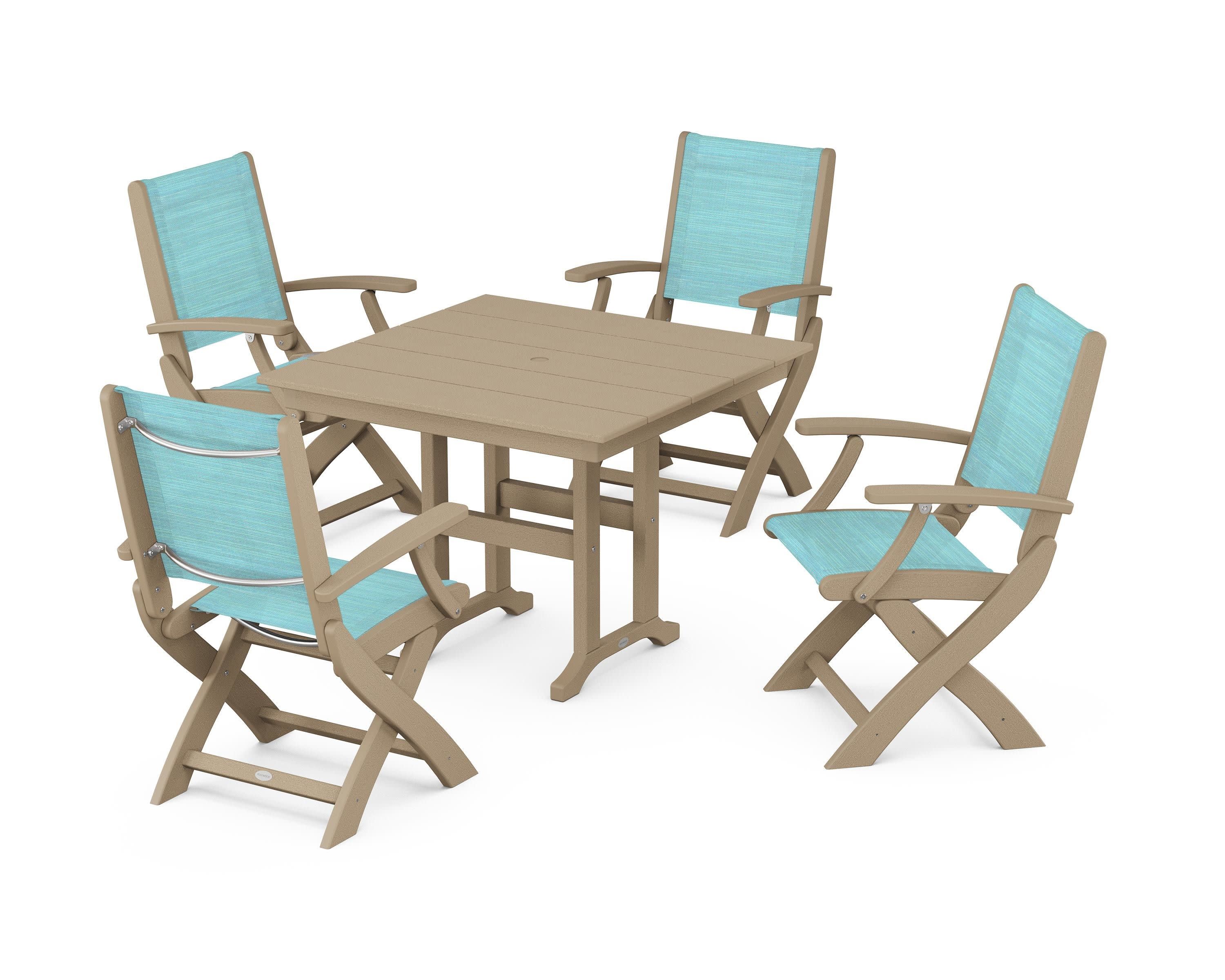 Coastal Folding Chair 5-Piece Farmhouse Dining Set in Vintage Sahara / Dupioni Aquamarine Sling