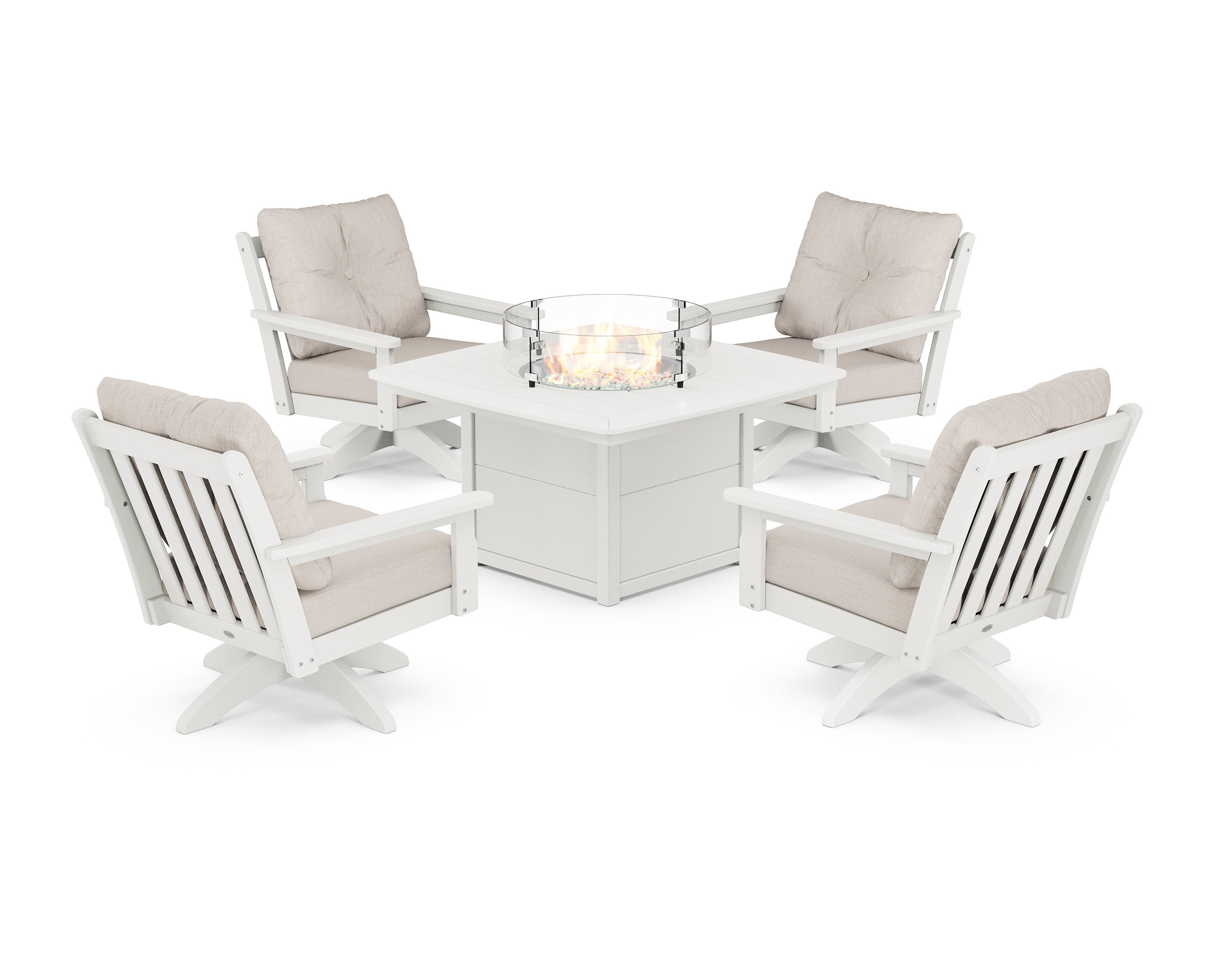 Vineyard 5-Piece Deep Seating Swivel Conversation Set with Fire Pit Table in Vintage White / Cast Ash