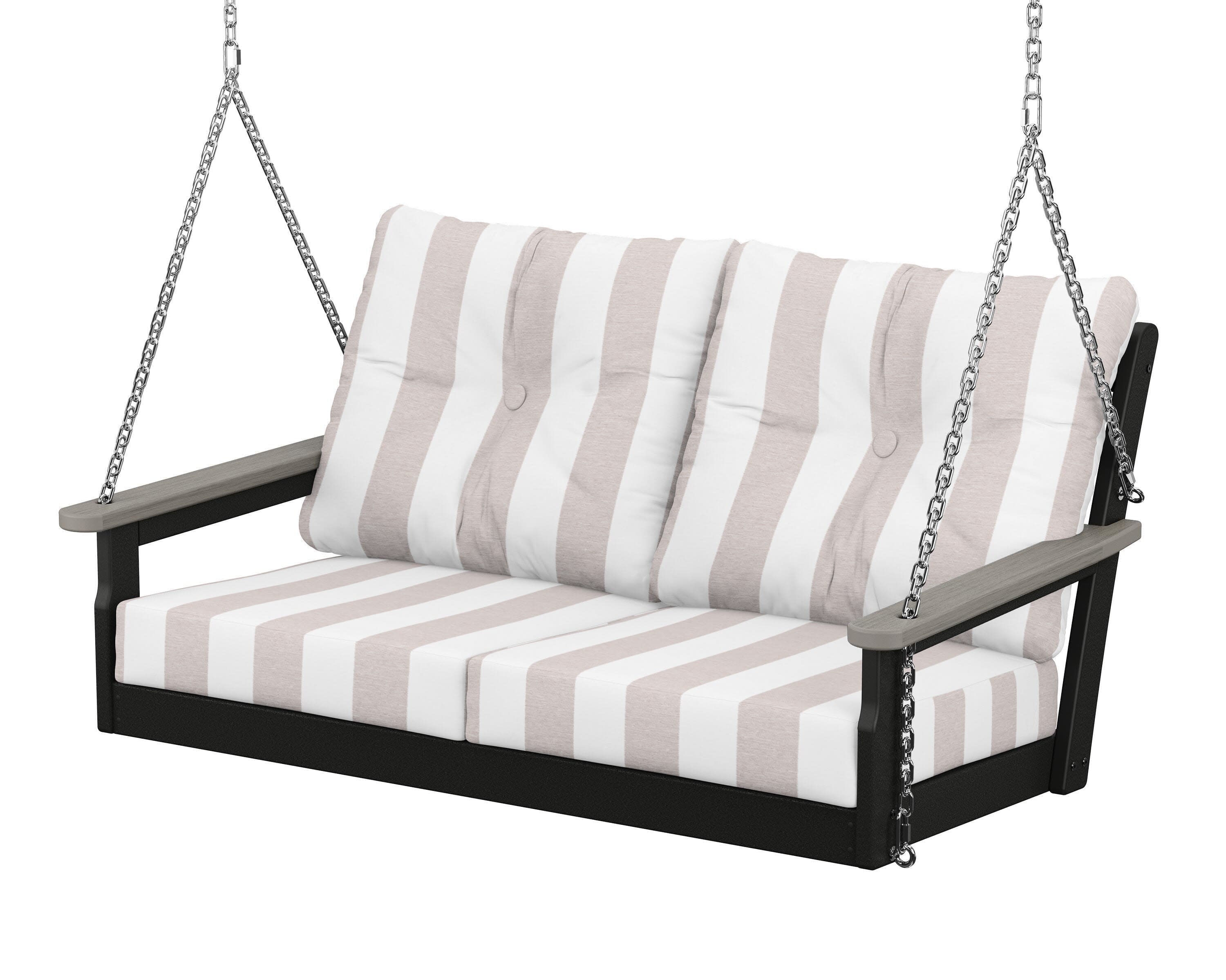 Vineyard Deep Seating Swing in Black / Driftwood / Cabana Stripe Dune Burlap
