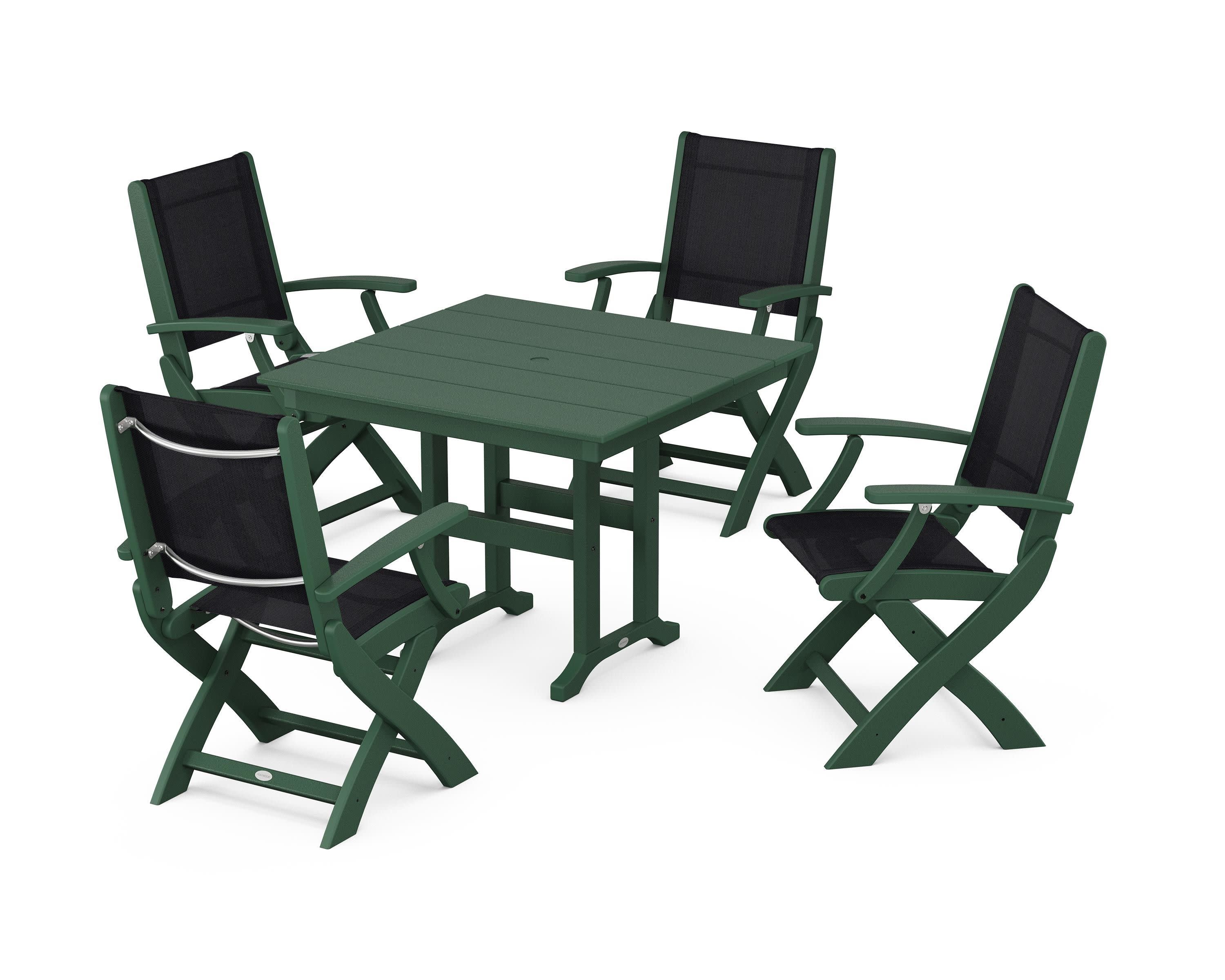 Coastal Folding Chair 5-Piece Farmhouse Dining Set in Green / Black Sling