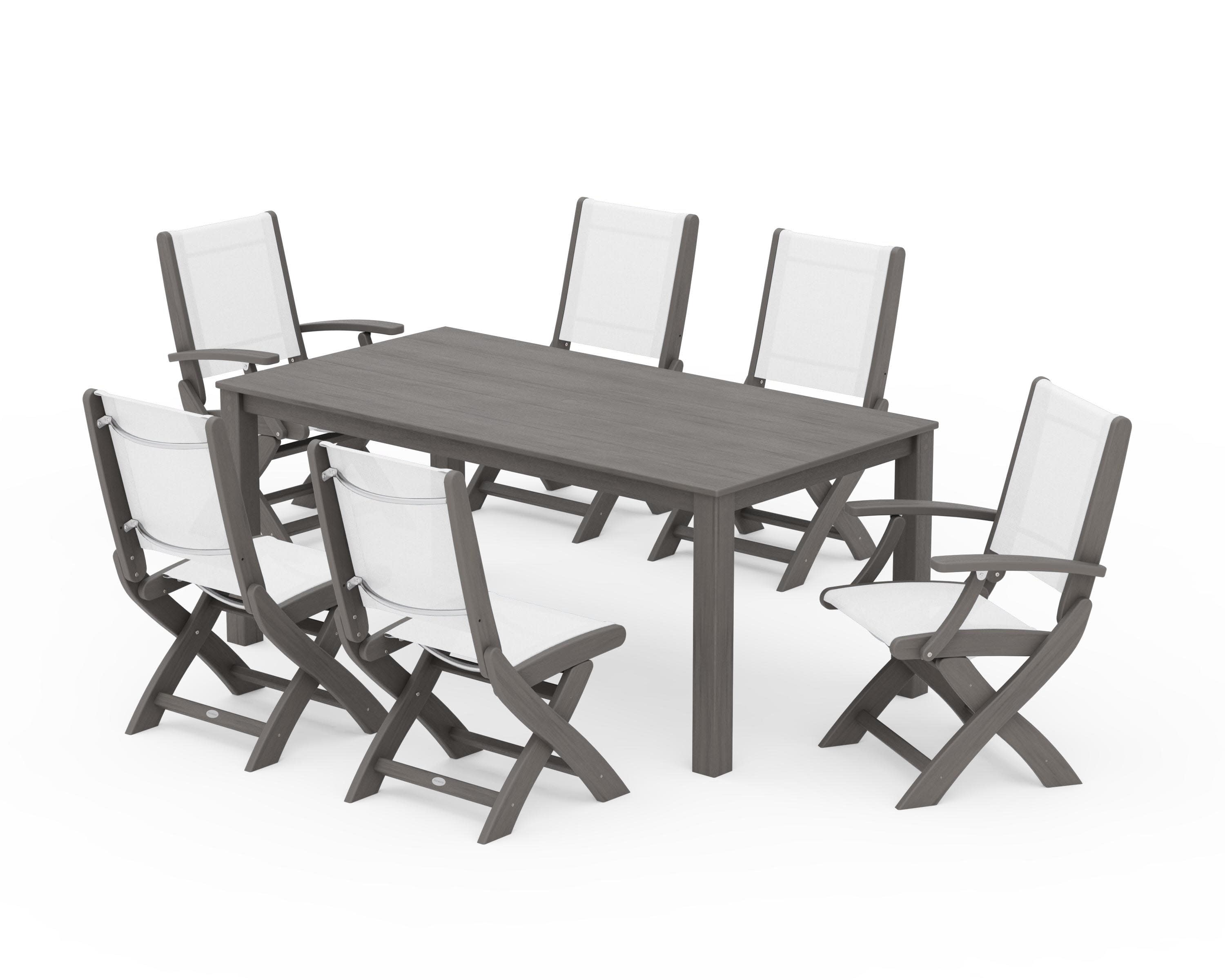 Coastal Folding Chair 7-Piece Parsons Dining Set in Driftwood / White Sling