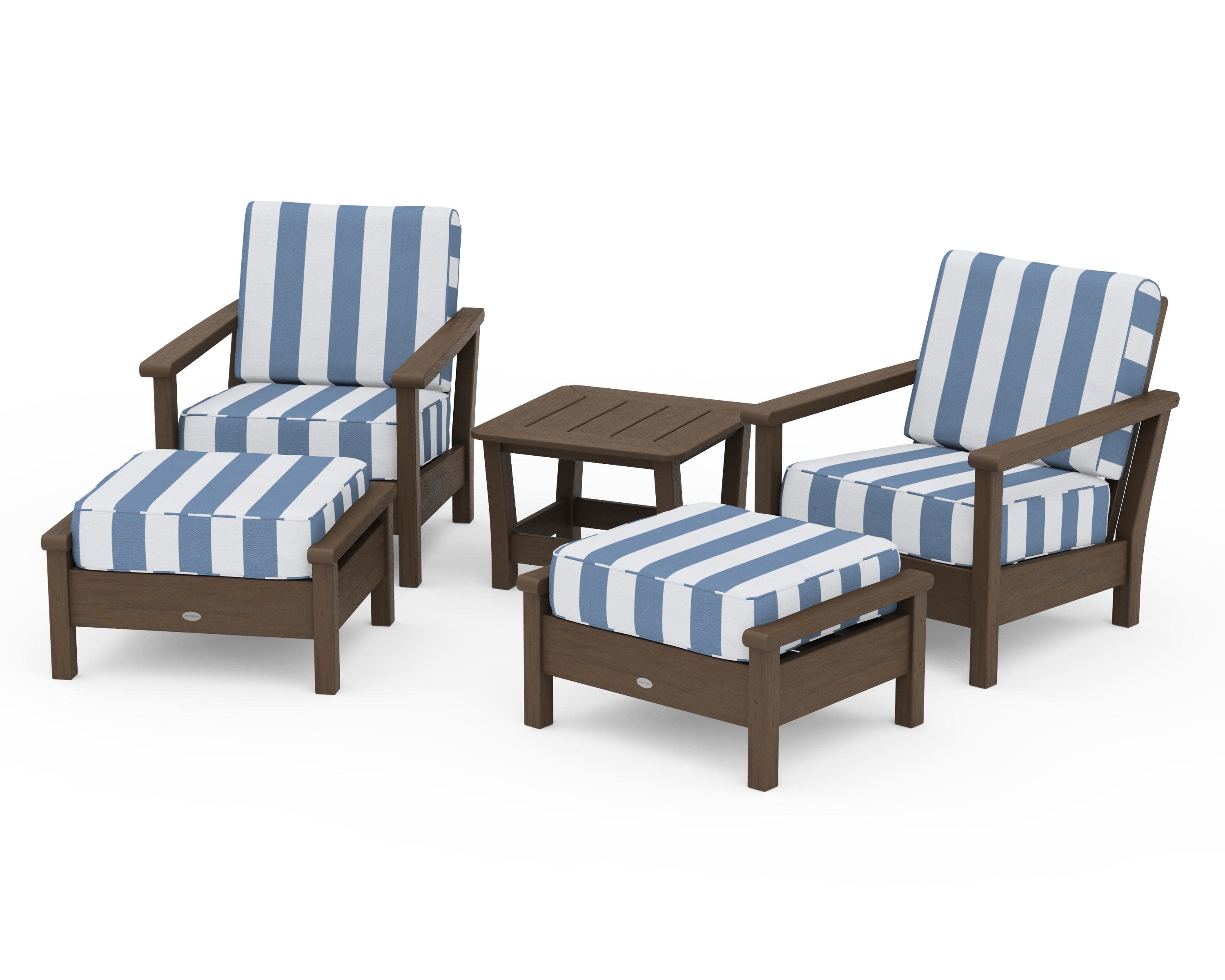 Harbour 5-Piece Deep Seating Chair Set in Kona / Cabana Stripe Sky Blue