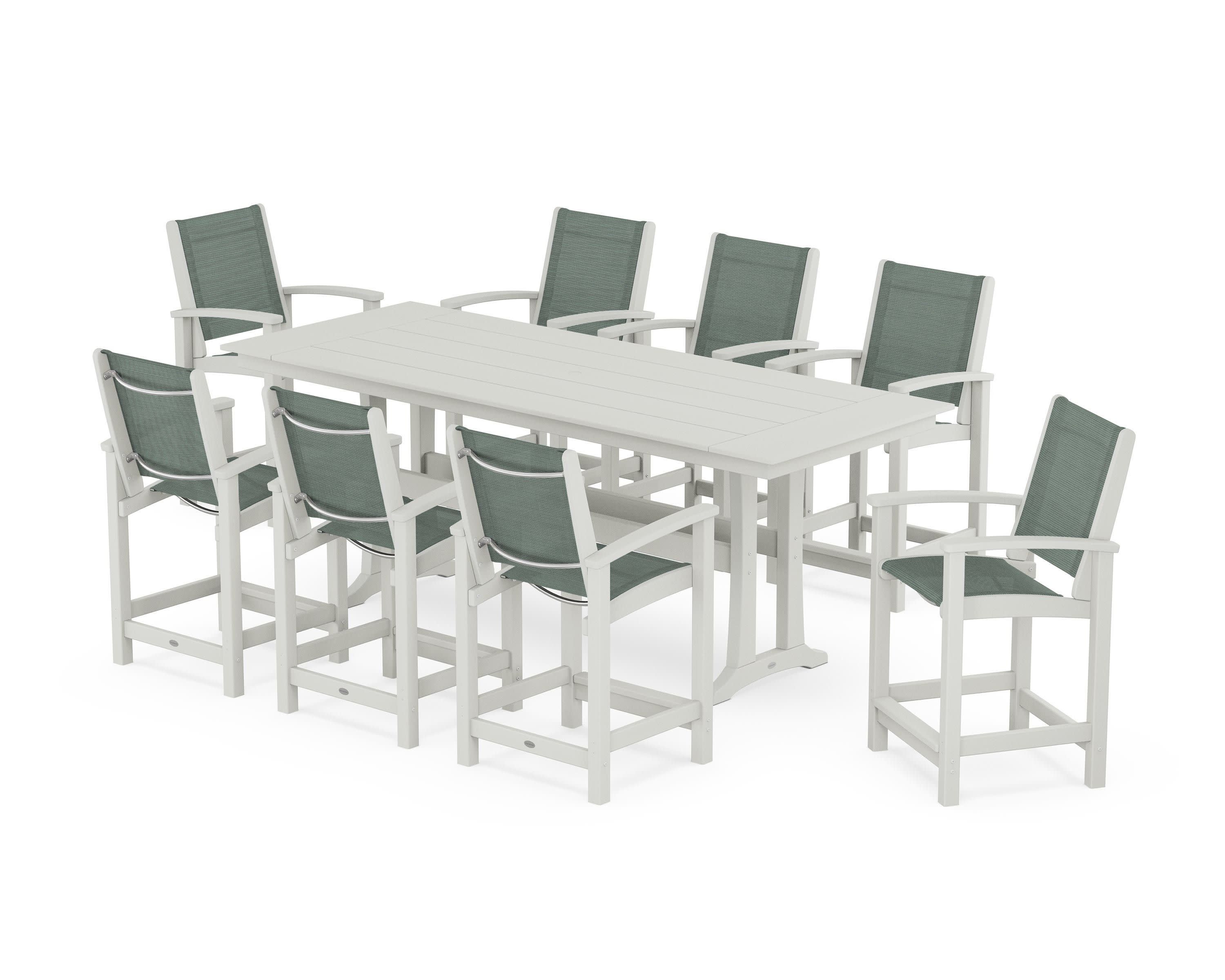 Coastal 9-Piece Farmhouse Counter Set with Trestle Legs in Vintage White / Dupioni Sea Mist Sling