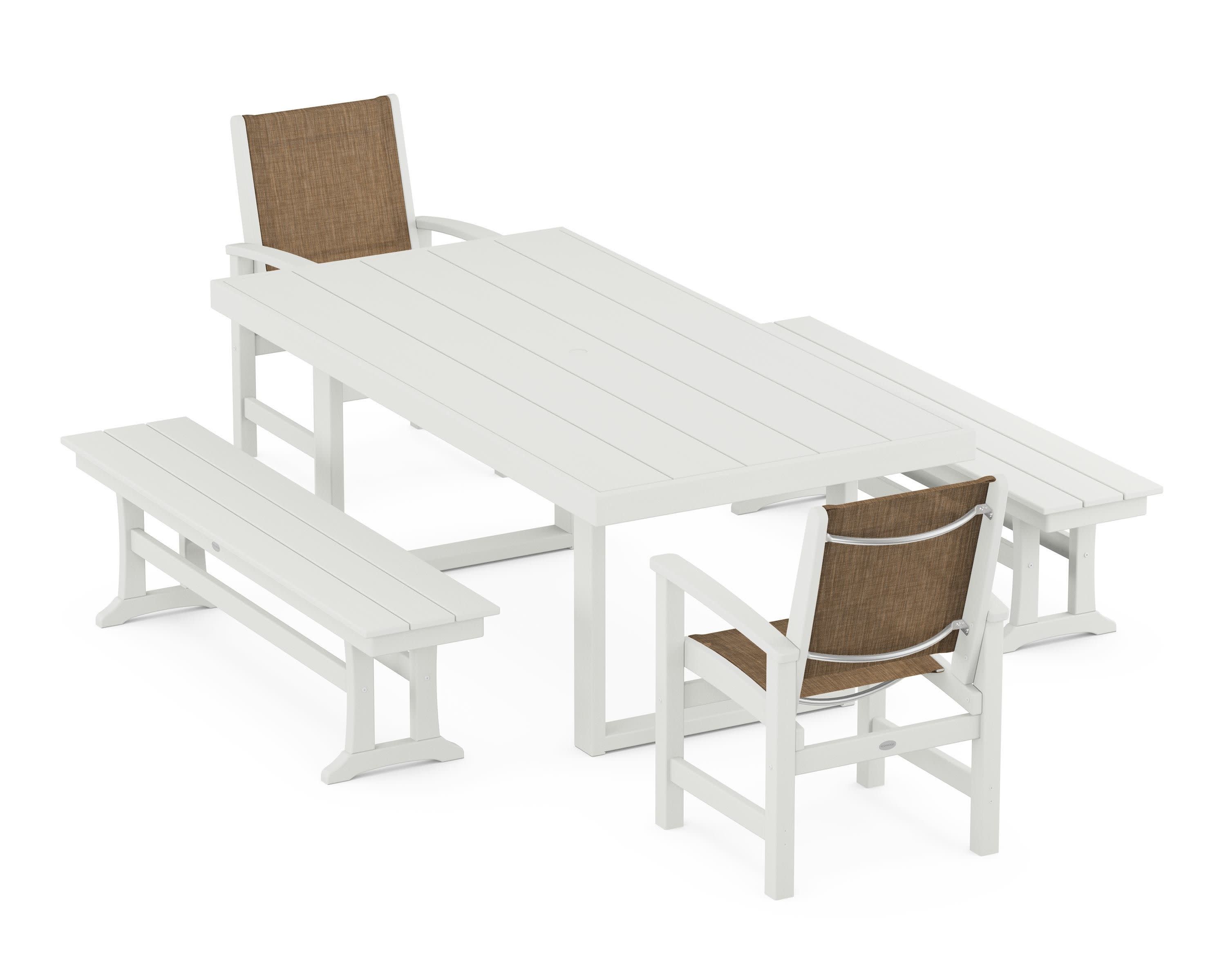 Coastal 5-Piece Dining Set with Trestle Legs in Vintage White / Burlap Sling