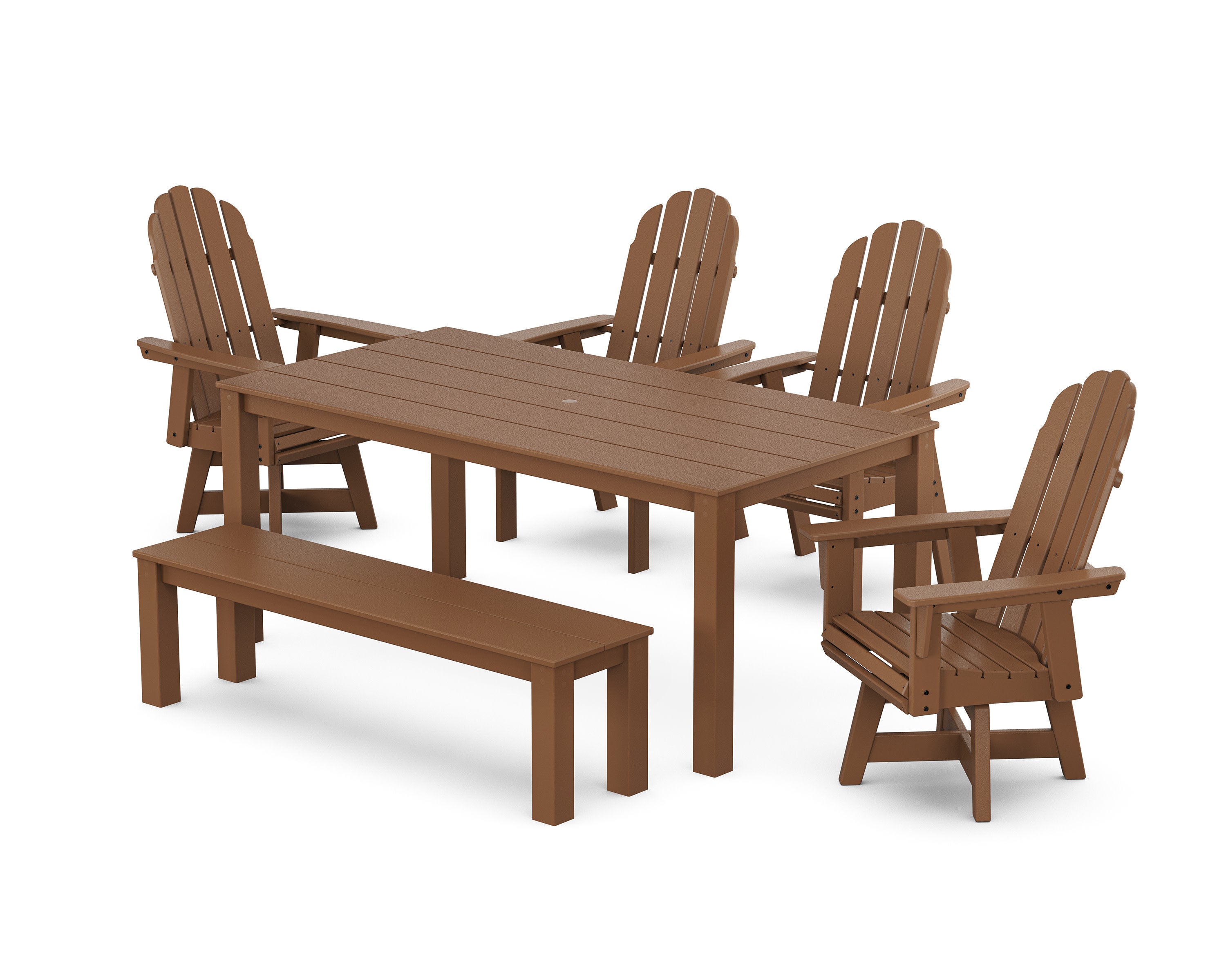 Vineyard Curveback Adirondack 6-Piece Parsons Swivel Dining Set with Bench in Teak
