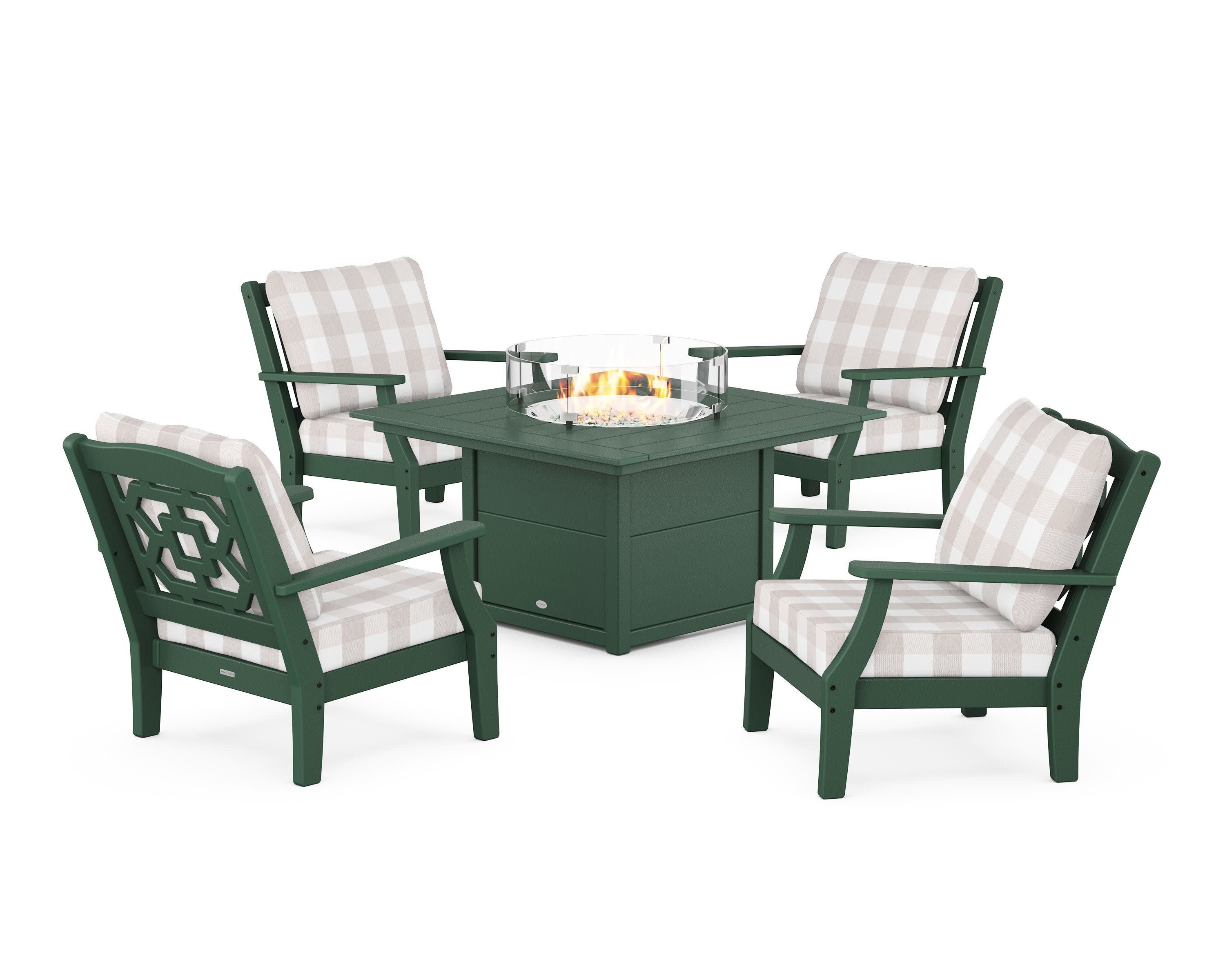 Chinoiserie 5-Piece Deep Seating Set with Fire Pit Table in Green / Buffalo Plaid Dune Burlap