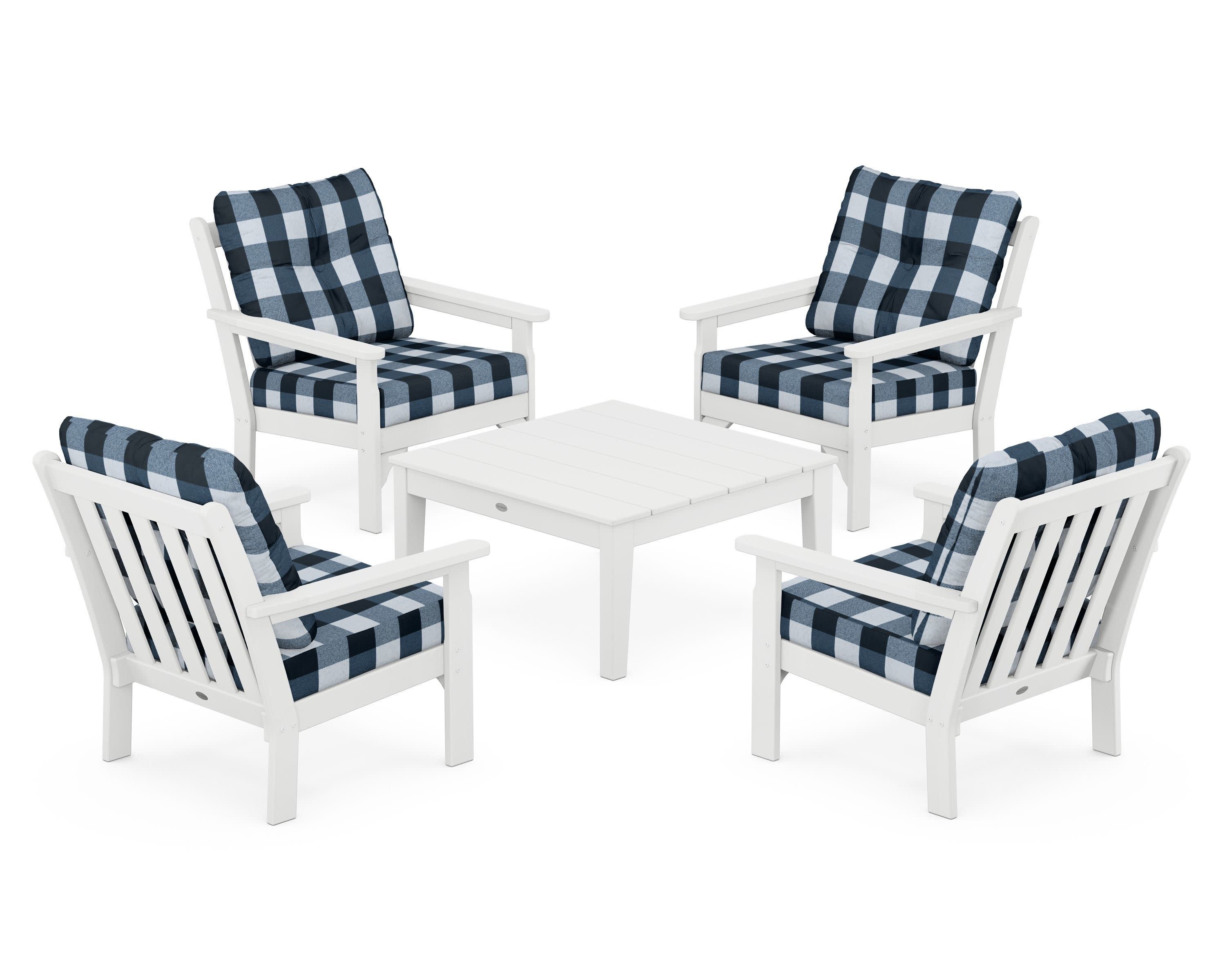Vineyard 5-Piece Deep Seating Conversation Set in White / Buffalo Plaid Marine Indigo