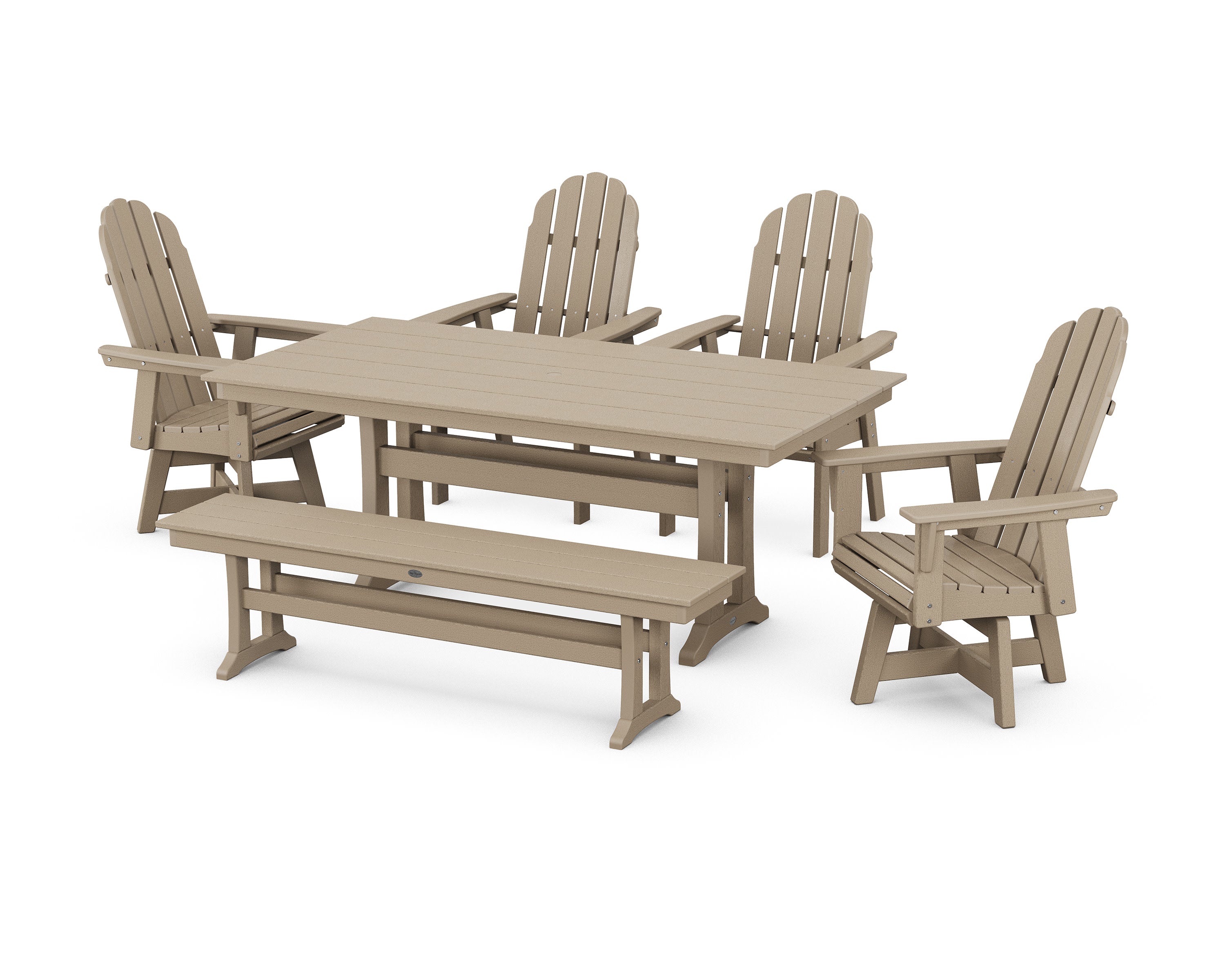 Vineyard Curveback Adirondack 6-Piece Swivel Chair Farmhouse Dining Set with Trestle Legs and Bench in Vintage Sahara