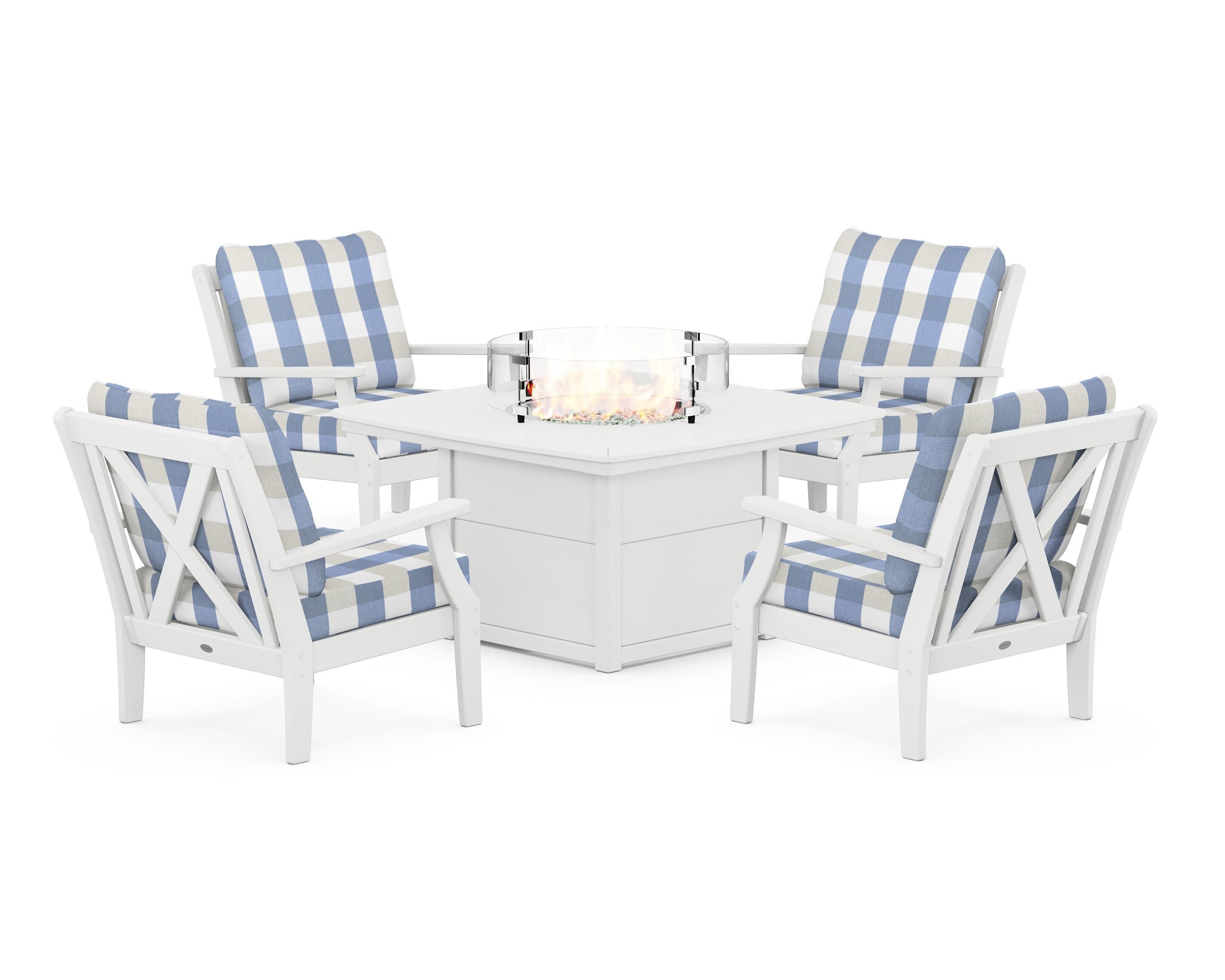 Braxton 5-Piece Deep Seating Conversation Set with Fire Pit Table in White / Buffalo Plaid Sky Blue