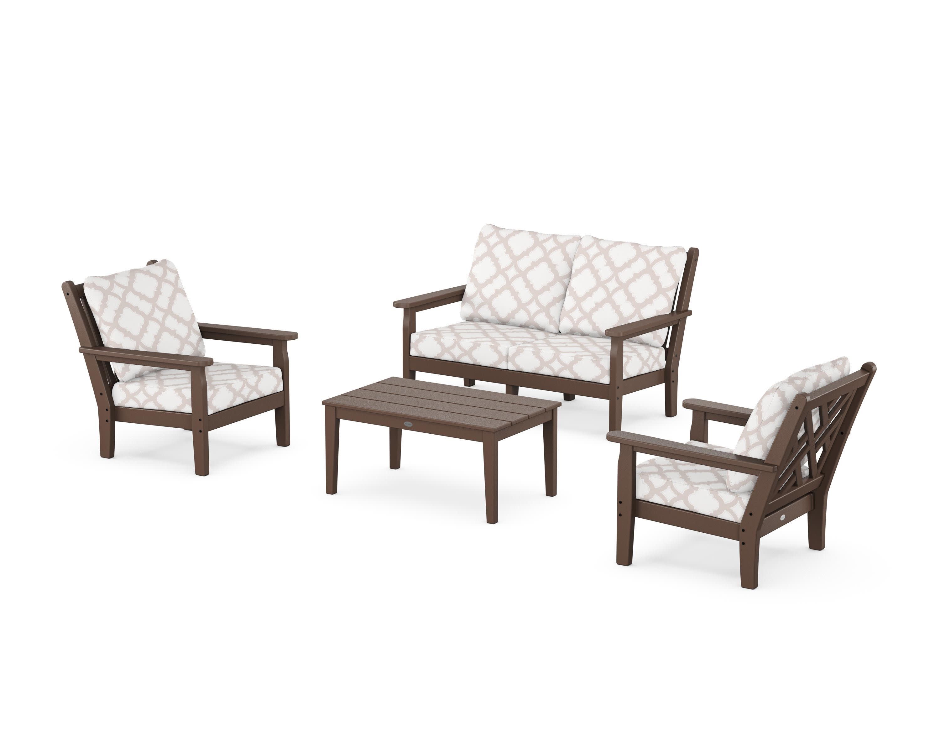 Chippendale 4-Piece Deep Seating Set with Loveseat in Mahogany / Trellis Dune Burlap