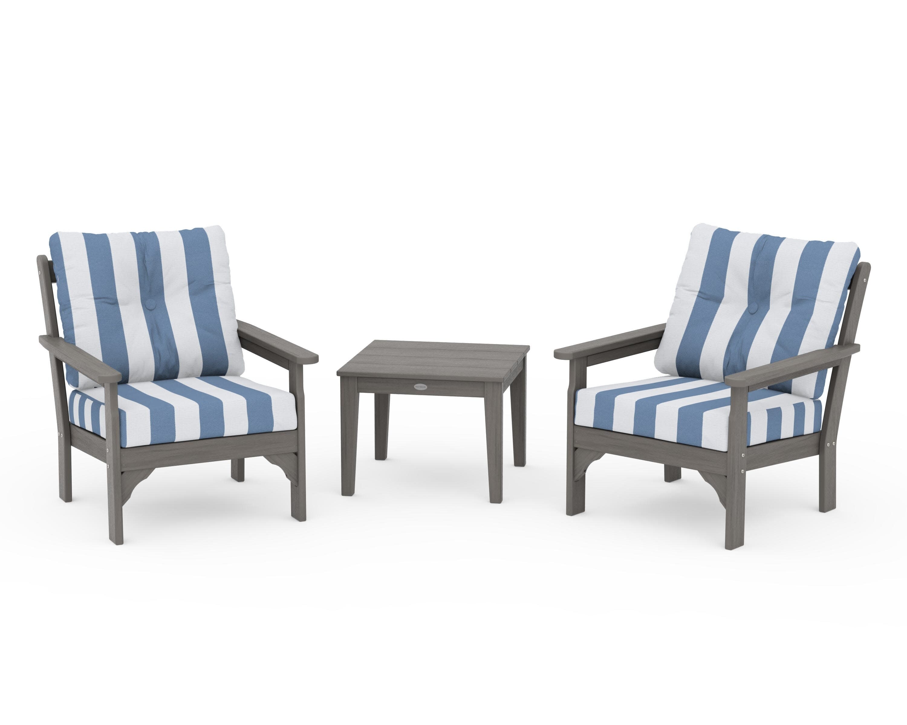 Vineyard 3-Piece Deep Seating Set in Driftwood / Cabana Stripe Sky Blue