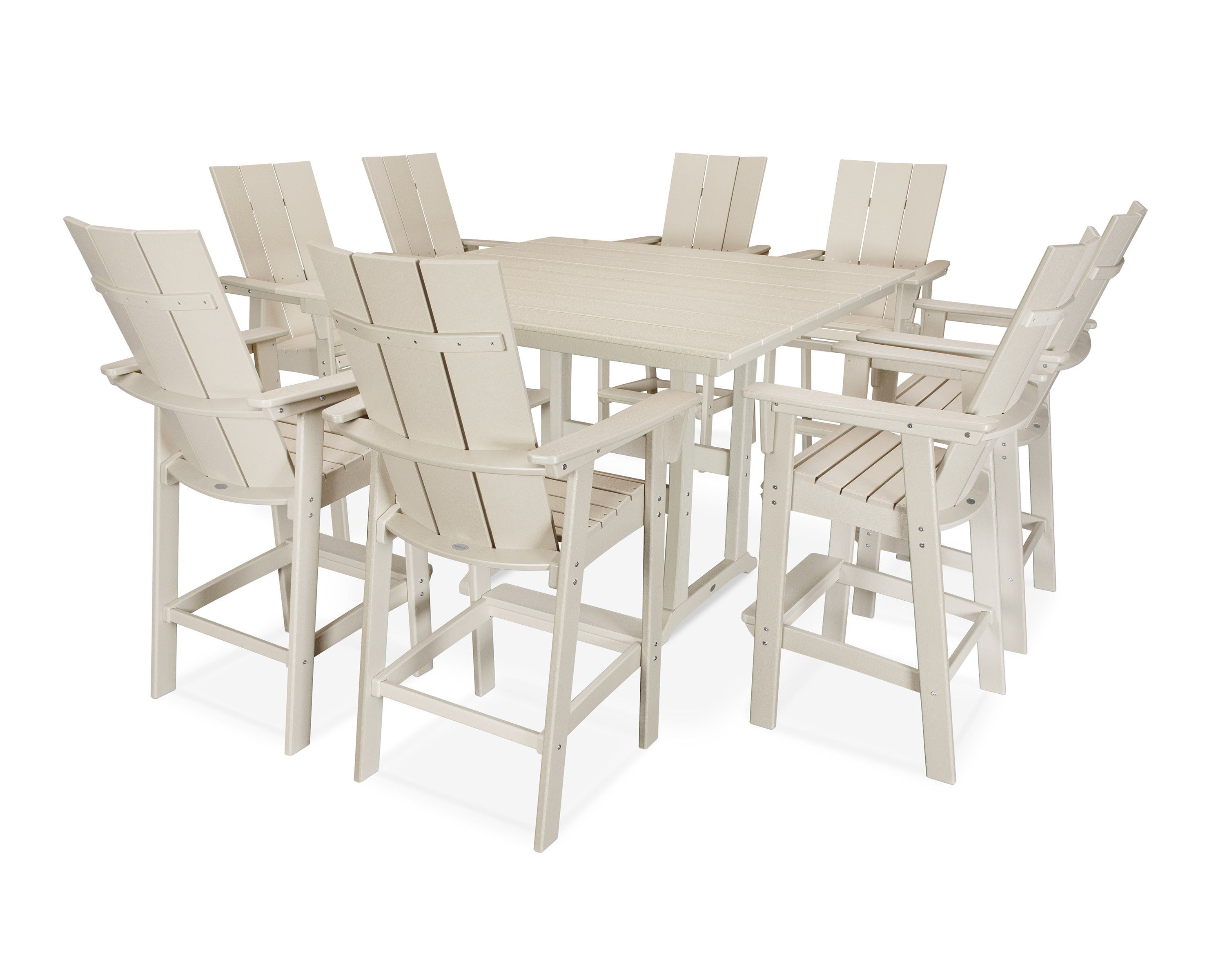 Modern Curveback Adirondack 9-Piece Farmhouse Trestle Bar Set in Sand