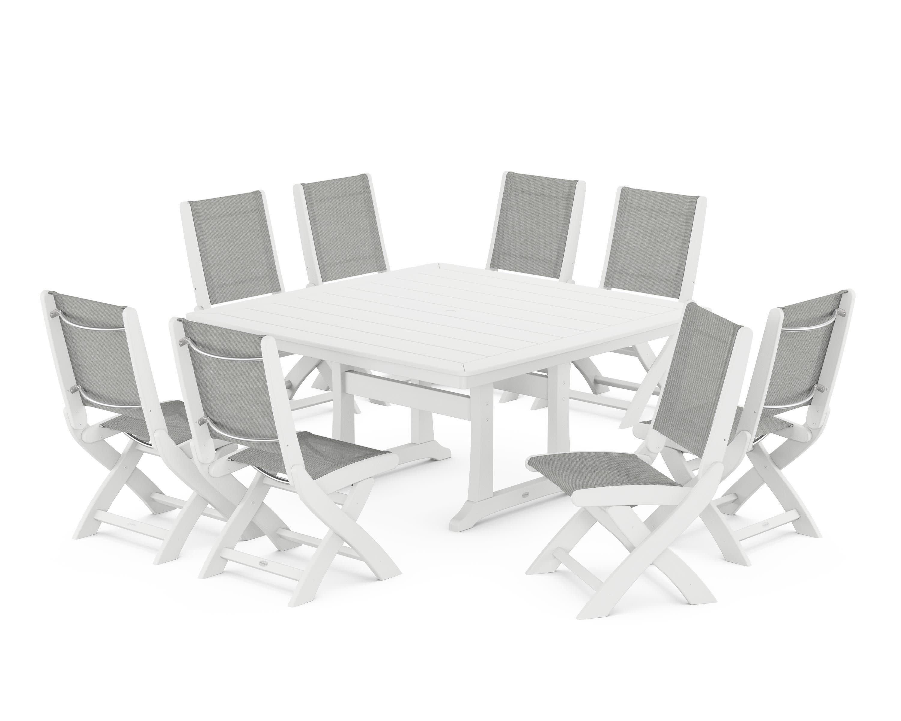 Coastal Folding Side Chair 9-Piece Dining Set with Trestle Legs in White / Metallic Sling