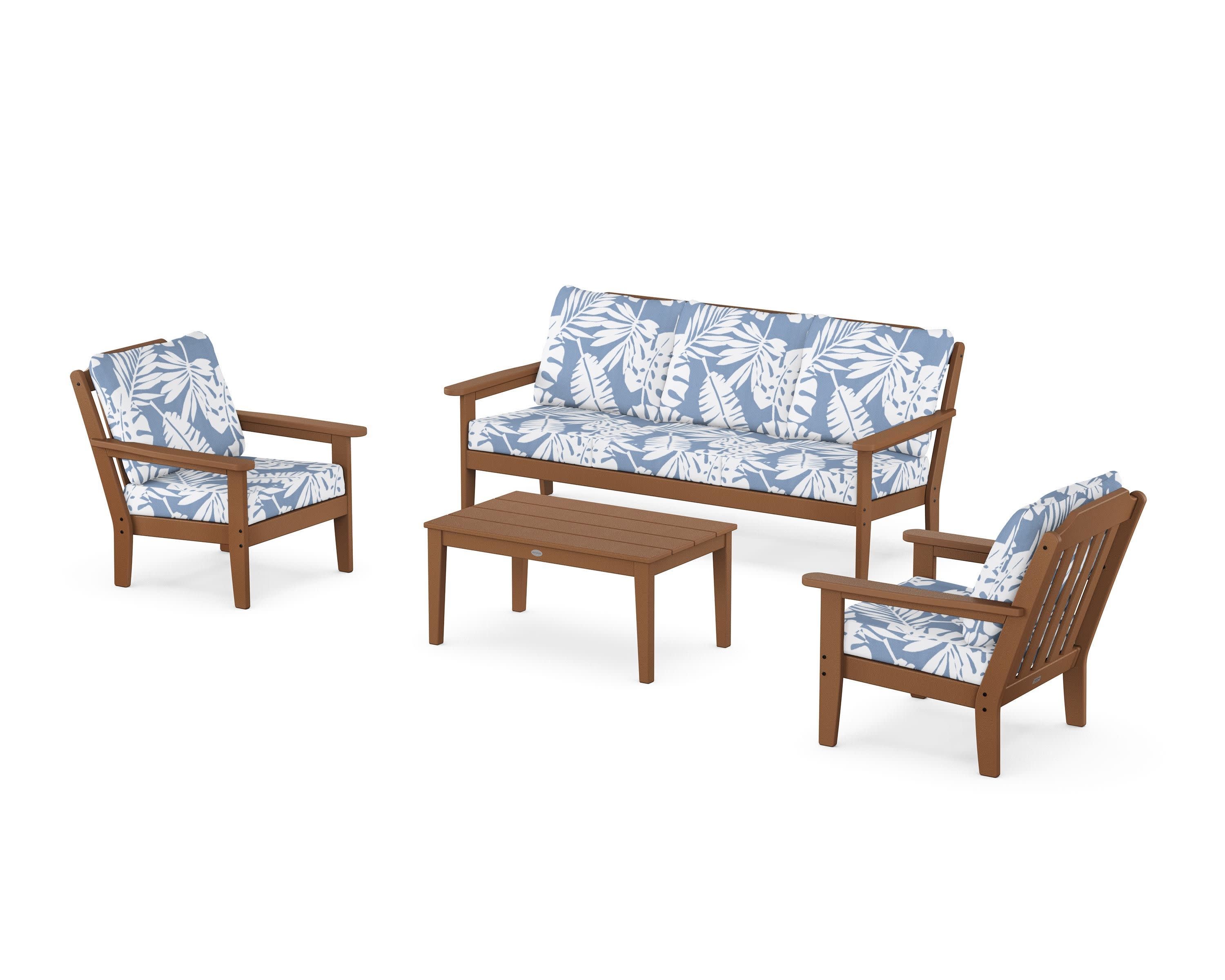 Cottage 4-Piece Deep Seating Set with Sofa in Teak / Leaf Sky Blue