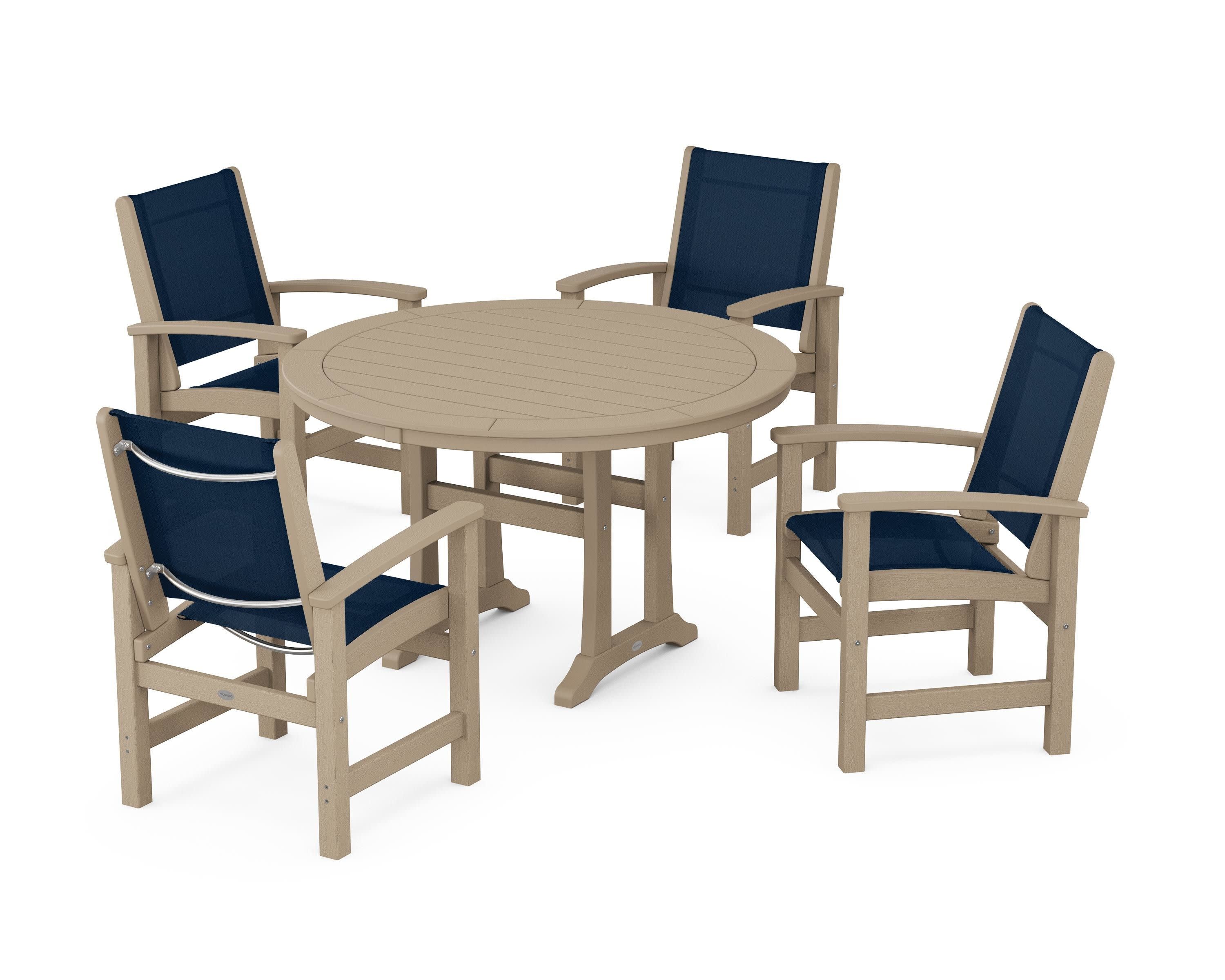 Coastal 5-Piece Round Dining Set with Trestle Legs in Vintage Sahara / Navy Blue Sling
